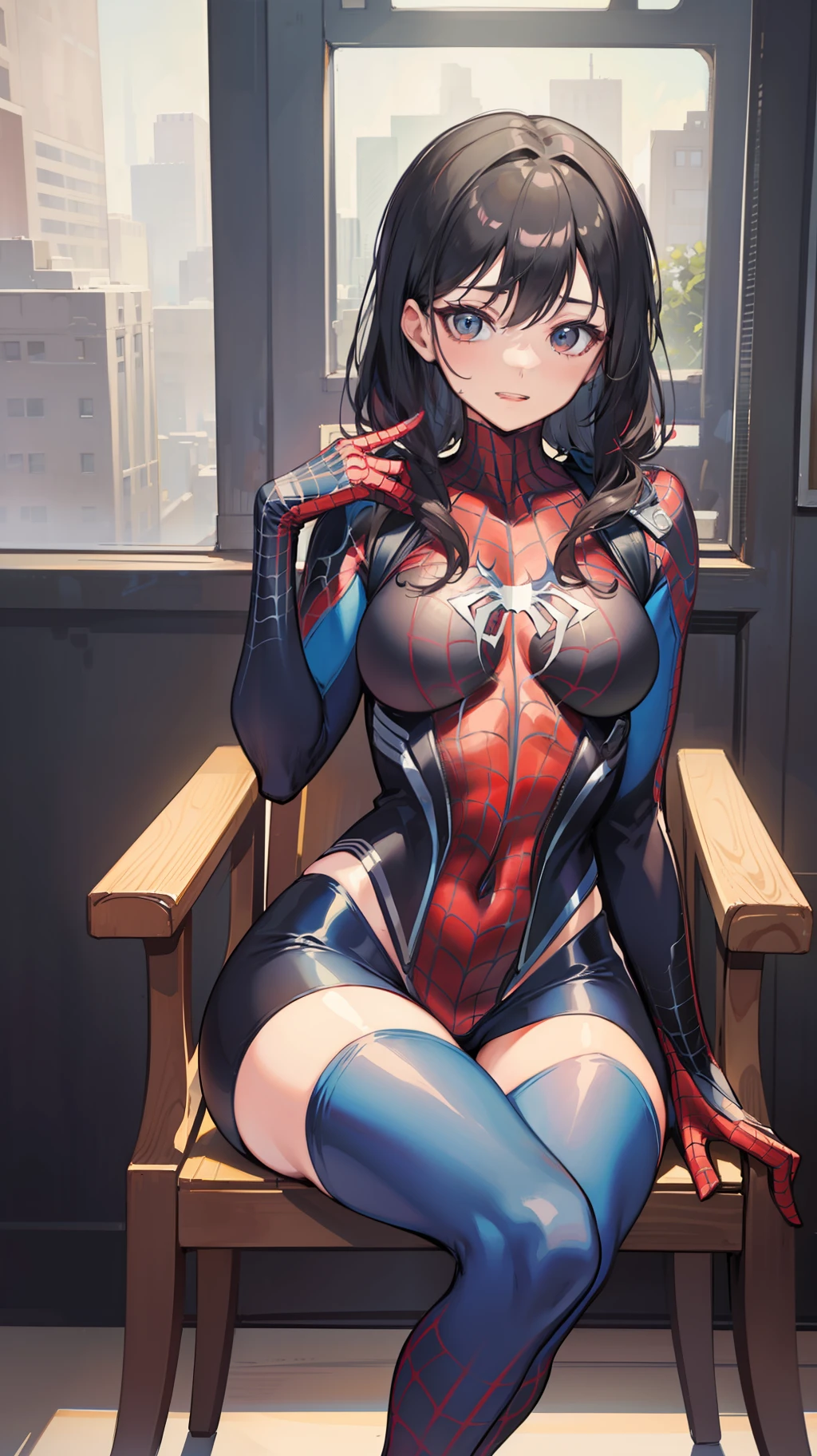Female Spider-Man,Sexy suit,sit on chair,Hands on cheeks,looking at viewert