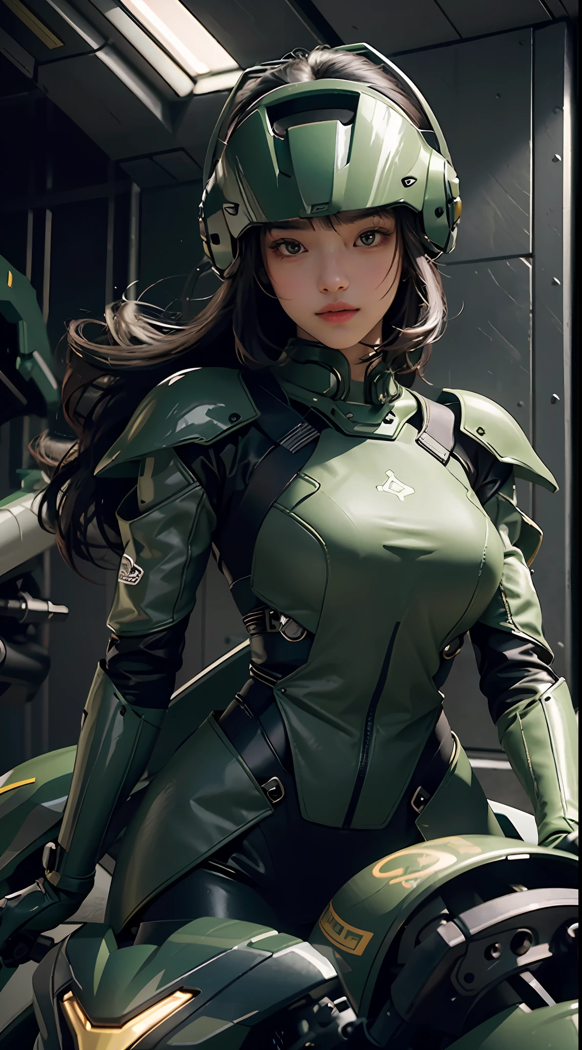 Highest image quality, outstanding details, ultra-high resolution, (realism: 1.4), the best illustration, favor details, highly condensed 1girl, with a delicate and beautiful face, dressed in a black and green mecha, wearing a mecha helmet, holding a directional controller, riding on a motorcycle, the background is a high-tech lighting scene of the future city.