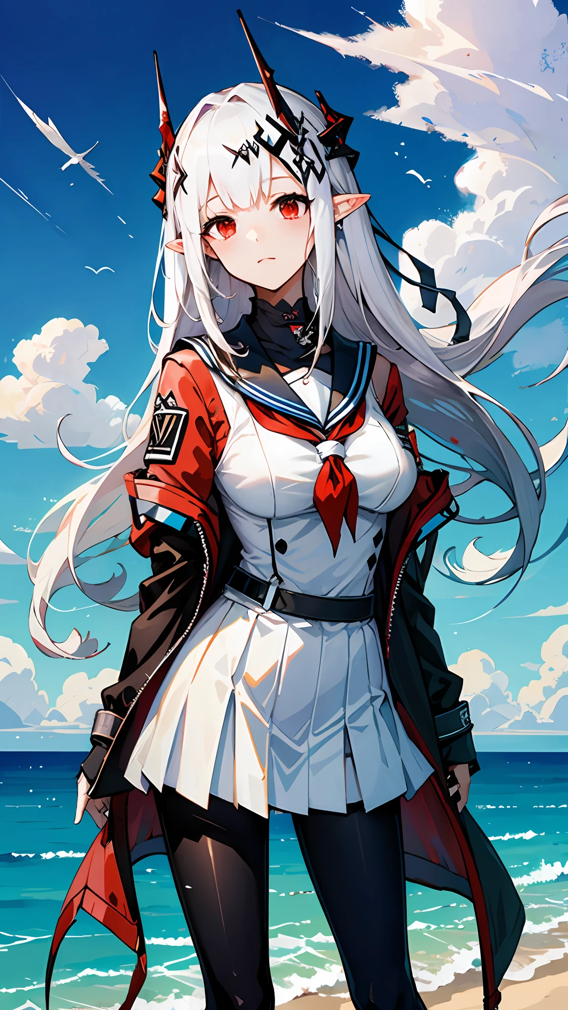 1girl, woman, mudrock (arknights), red eyes, solo, long hair, horns, (sailor uniform, serafuku), school uniform, hair ornament, pointy ears, breasts, white hair, oripathy lesion (arknights), infection monitor (arknights), bangs, breast, full body, standing,  mudrockdefclass, black horns, horns, beach background, blue sky, clouds,