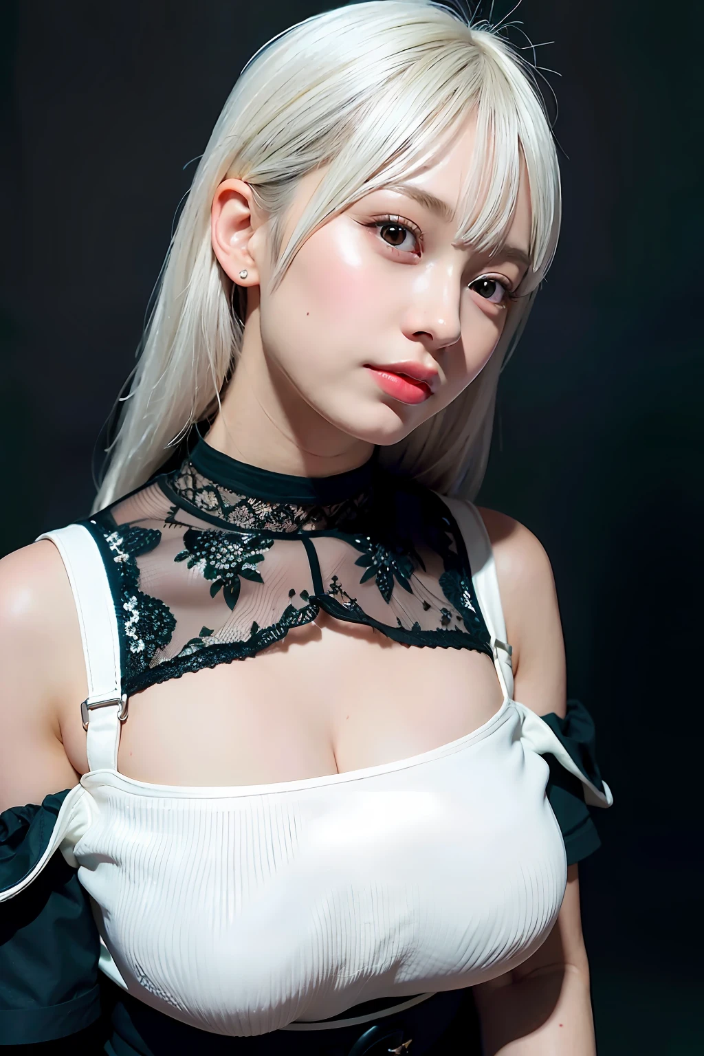 best quality, ultra high res, (photorealistic:1.4), 1girl, off-shoulder white shirt, black tight skirt, black choker, (faded ash gray hair:1), (huge breasts:1.2), looking at viewer, closeup ,