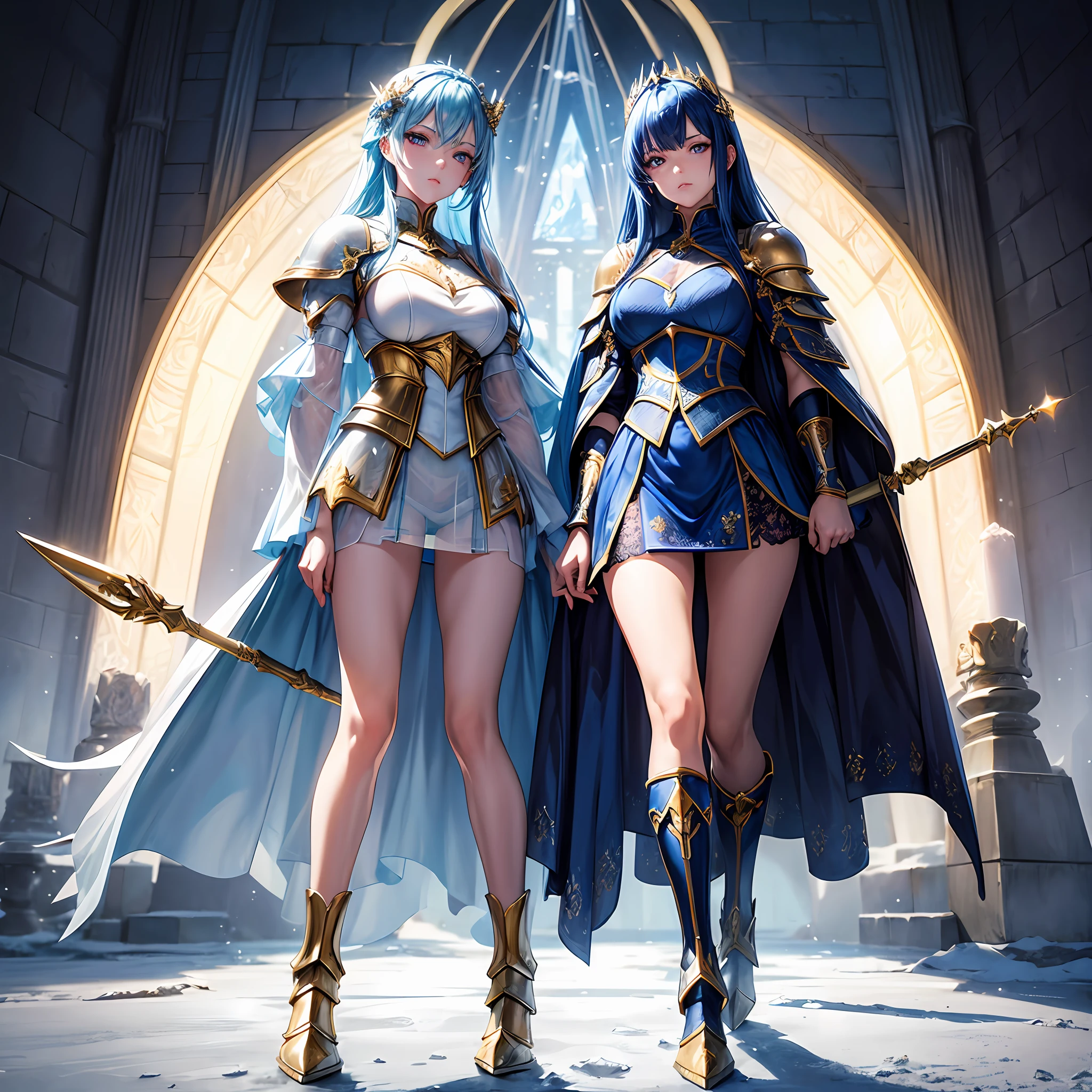(masterpiece), best quality, realistic lighting, HDR, ultra high quality, 4K, ray tracing, unreal engine, solo, 1girl, full body, expressive eyes, perfect face, bright blue hair, ((bright red eyes)), ice queen expression, young girl, aggresive eyes, serious face, medium breast, thighs, see through blue dress, crystal clear blue dress, ((transparent panties see through skirt)), ((blue short skirt)), crystal clear short skirt, (golden shoulders armor), golden boots, golden armor, ice sword, ice wand, royal palace, snow and windy battlefield, throne in the background, army behind, knight behind, depth of field effect, snow castle