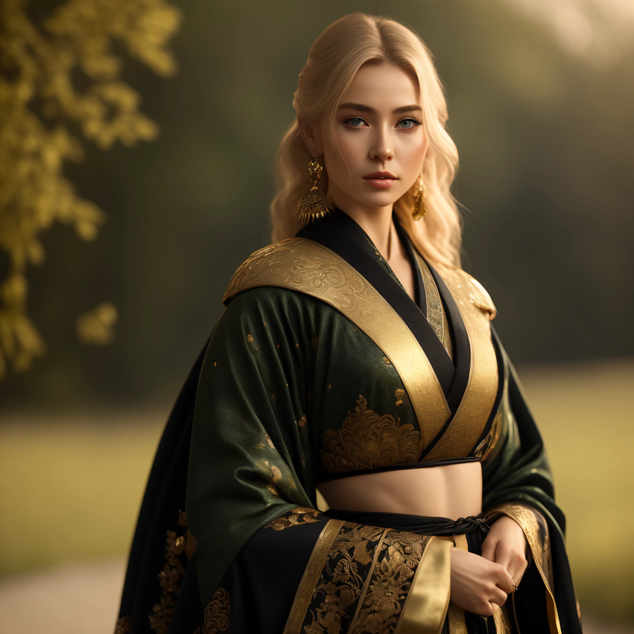 ((best quality, 8k, masterpiece: 1.3)) 1 woman, photo, thin body, beautiful body, beautiful face, blonde, green eyes, detailed skin, best quality, kimono, black and gold, full body, medieval, outdoor, ultra realistic environment, rich in details, soft light, volumetric lighting, cinematic