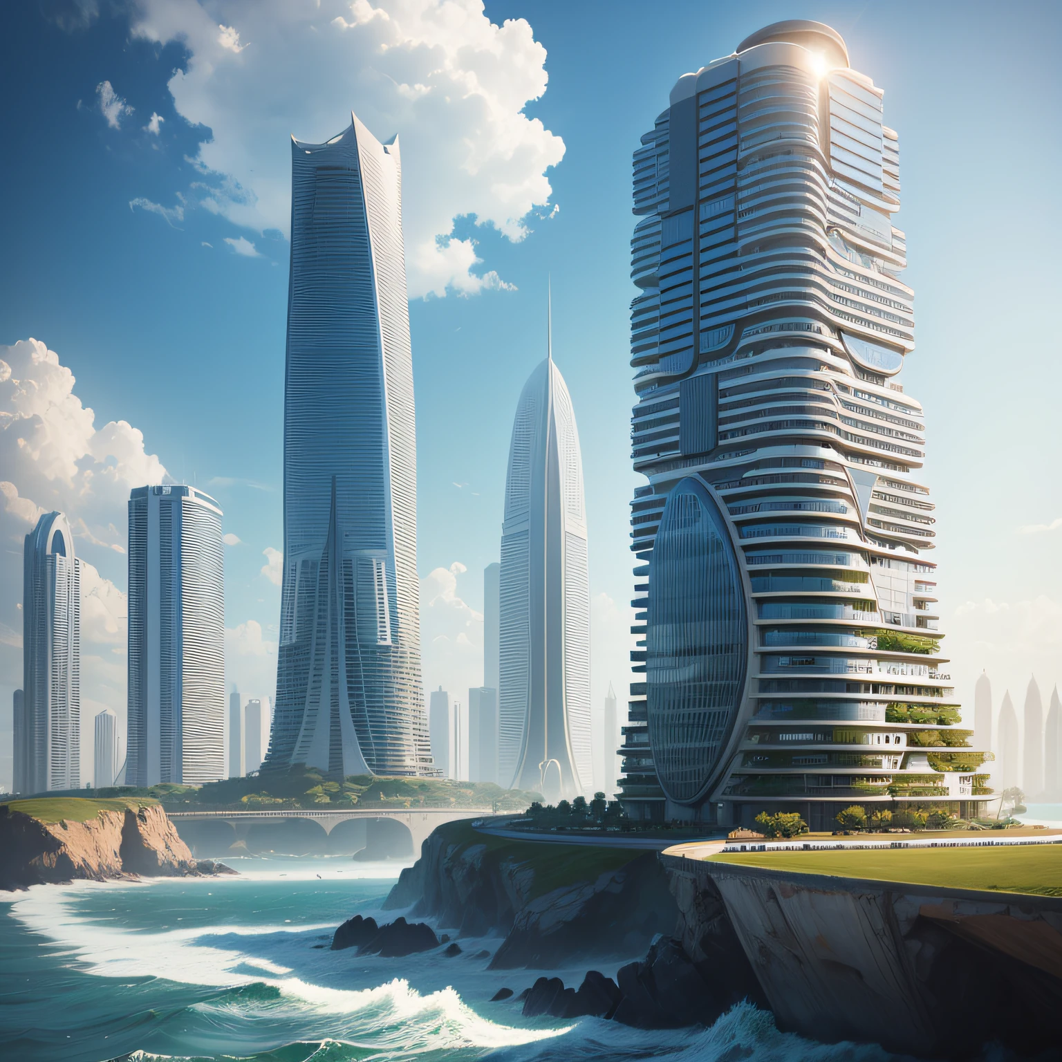 Strange shaped buildings,Realistic style,Characterful,curves,radian,Compliance with mechanical requirements,towering,Have by the sea,Landmark buildings,Separate building,Towering building,Skysky,baiyun,and the sun was shining brightly --auto