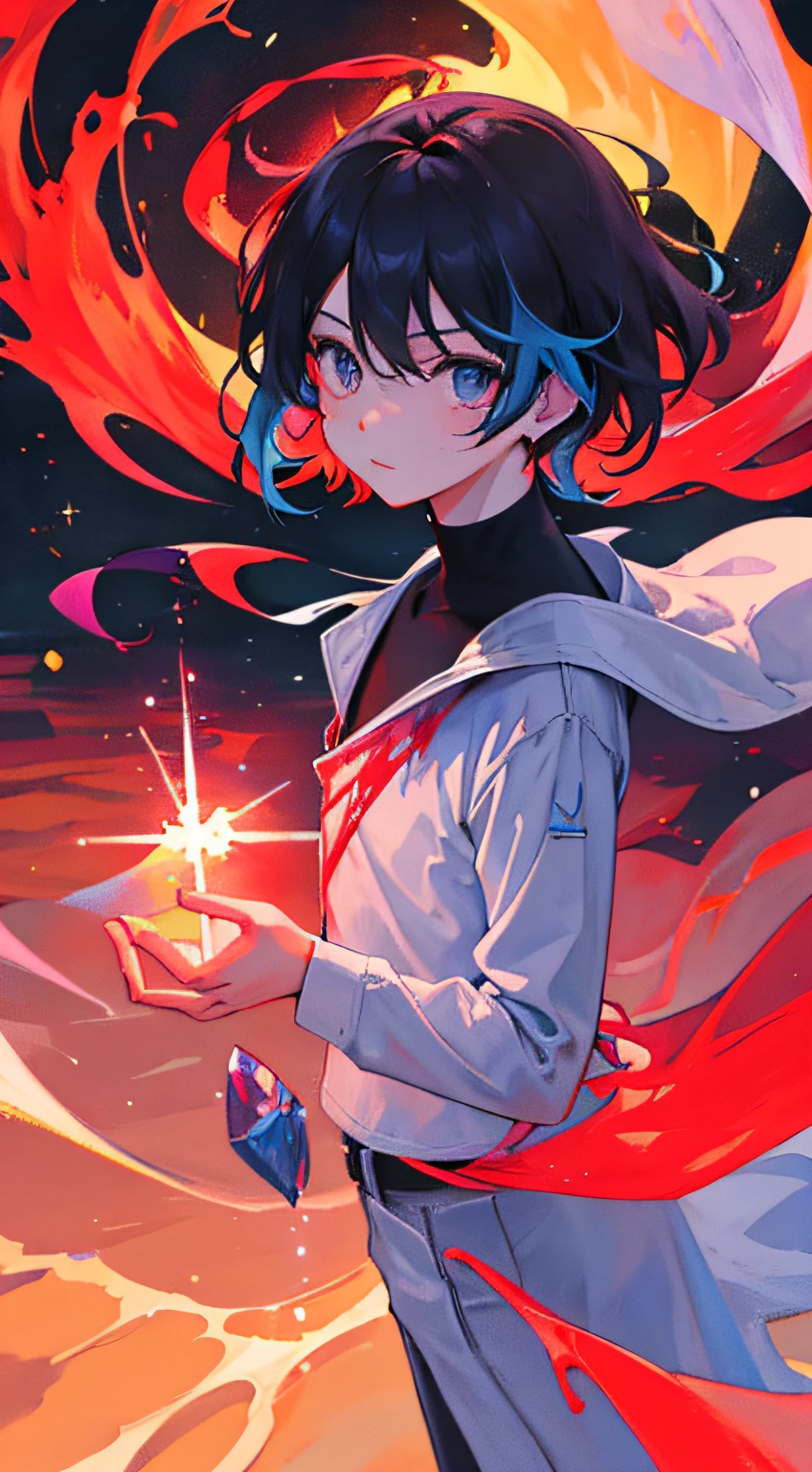 (flat color:1.1),(colorful:1.3), looking at viewer,1boy,solo,(floating colorful {wind|water magic|ink|crystals|fire|ice|flame|lightning|web|rocks|sand|particles|sparkles|blood}:1)., masterpiece,raw photo,best quality, photorealistic,