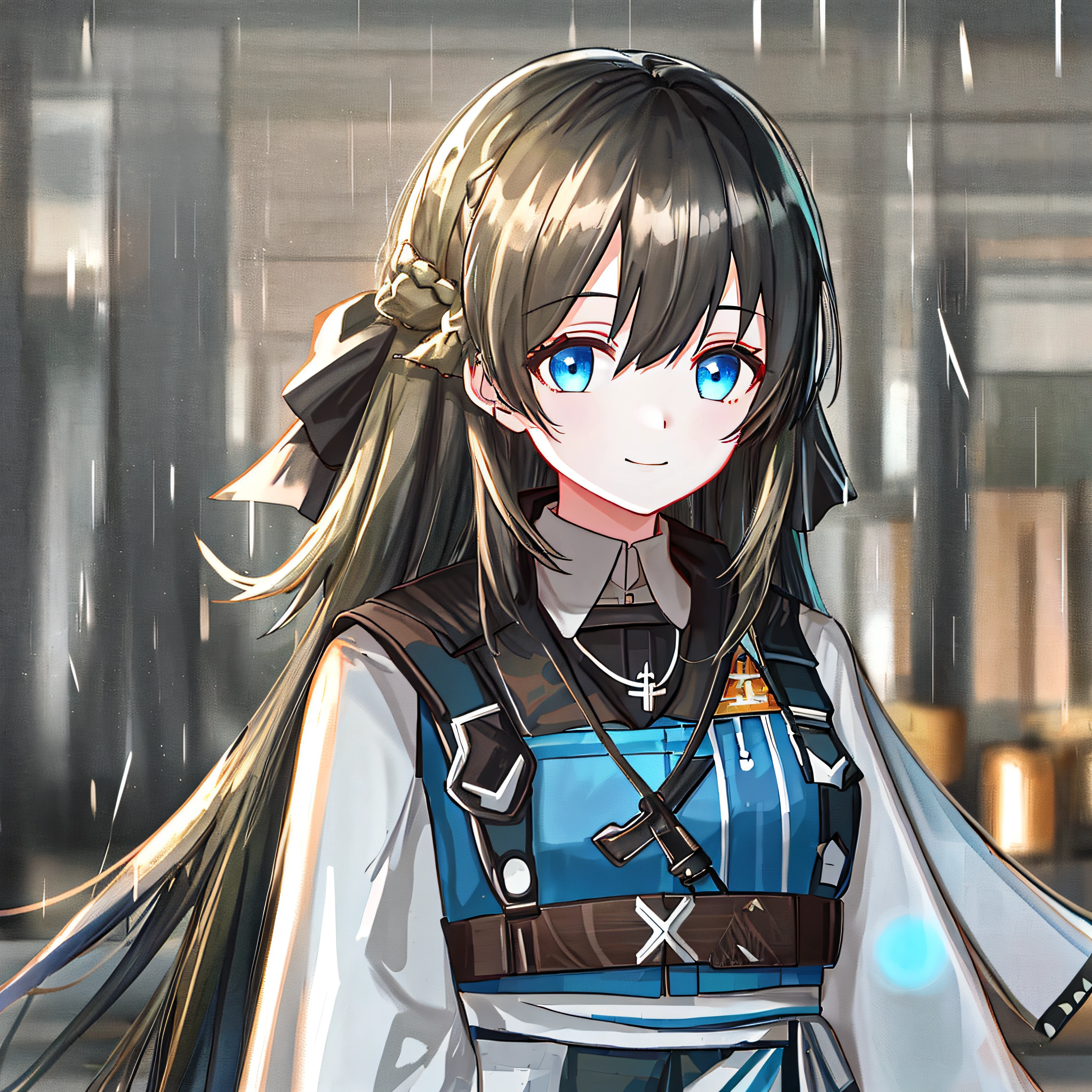 {{head portrait}}, {girls' frontline}, Game CG, Best quality, 1 girl, Black hair, Blue eyes, Long hair, Smile, poncho, rain, Cafe, rough breath, necklace, sidewayglance,