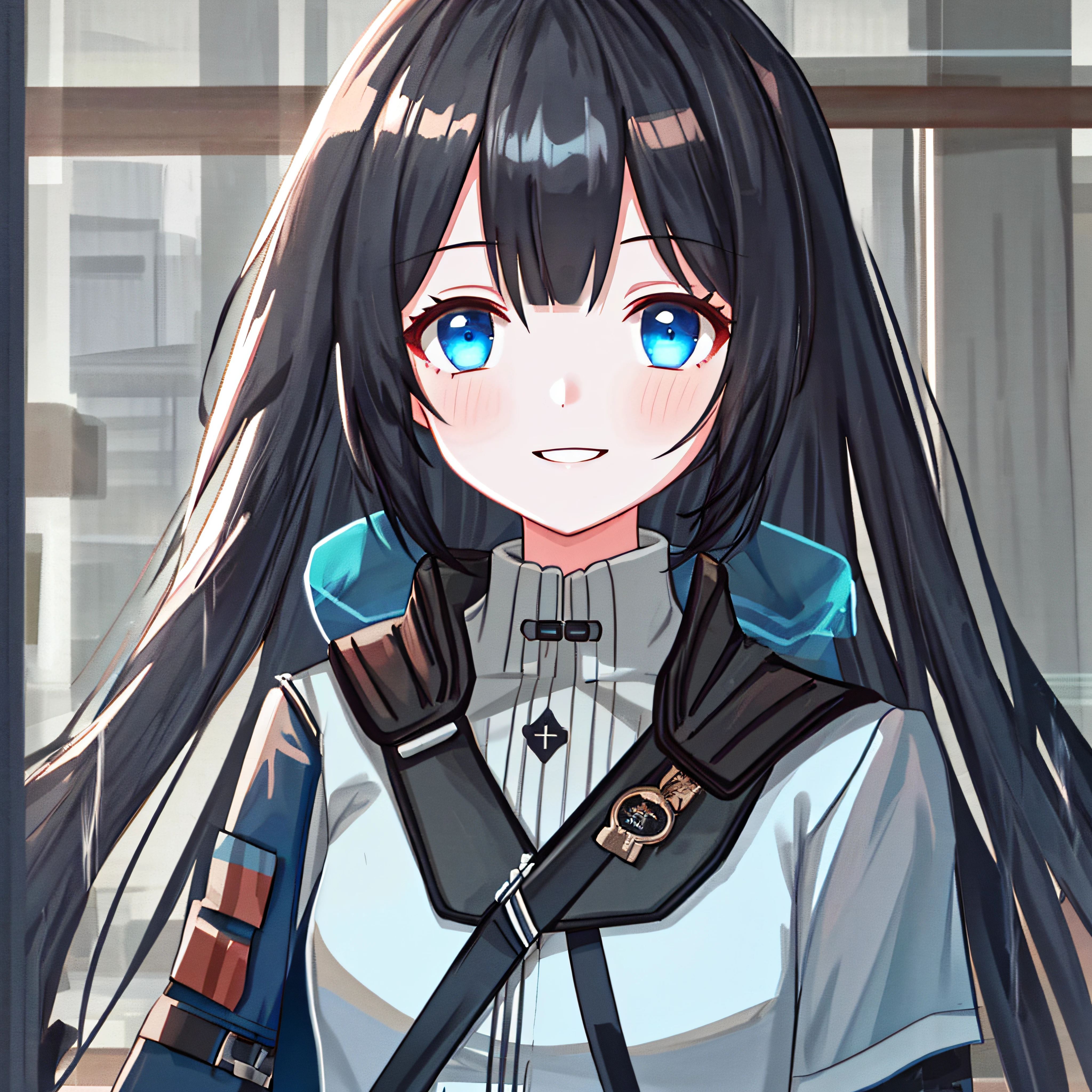 {{head portrait}}, {girls' frontline}, Game CG, Best quality, 1 girl, black hair, blue eyes, long hair, smile, poncho, rain, cafe,