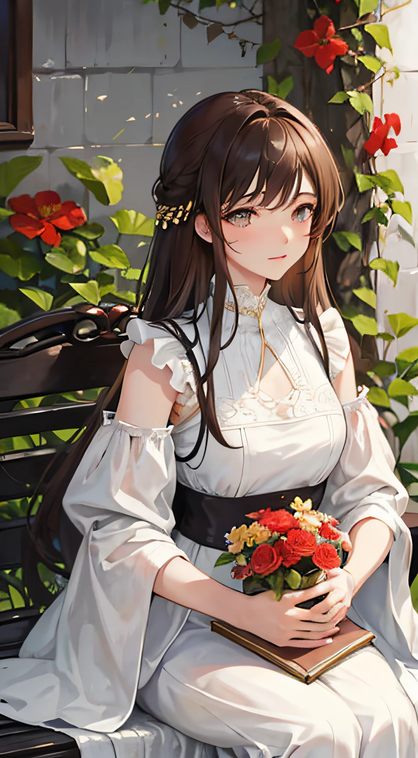 an elegant young woman sitting on a wrought iron bench in the center of a lush garden. The garden should be filled with colorful flowers and greenery, creating a vibrant and serene atmosphere. The woman should have long, flowing brown hair, styled in loose curls that fall gently down her back. She should be wearing a flowing white dress with delicate lace accents, which floats around her as she sits on the bench. In her left hand, the woman should be holding a leather-bound book with gilded pages, as if she were in the middle of reading it. Her right hand should be resting gently on a small, ornate table that is positioned next to the bench. On the table, there should be a vase of freshly cut flowers, with bright red and yellow petals that perfectly complement the surrounding flora. Next to the vase, there should be a small cup of steaming tea, emitting fragrant steam that curls up into the air. The woman should have a serene expression on her face, as if she is completely at peace and enjoying the natural beauty around her, as if she is savoring the aroma of the flowers and the warm breeze on her skin. The overall image should convey a sense of tranquility and contentment,