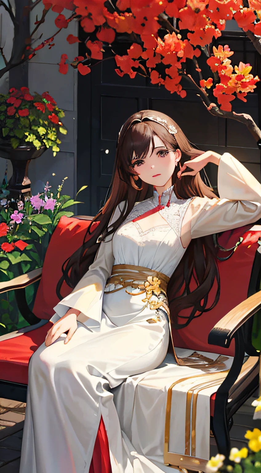 an elegant young woman sitting on a wrought iron bench in the center of a lush garden. The garden should be filled with colorful flowers and greenery, creating a vibrant and serene atmosphere. The woman should have long, flowing brown hair, styled in loose curls that fall gently down her back. She should be wearing a flowing white dress with delicate lace accents, which floats around her as she sits on the bench. In her left hand, the woman should be holding a leather-bound book with gilded pages, as if she were in the middle of reading it. Her right hand should be resting gently on a small, ornate table that is positioned next to the bench. On the table, there should be a vase of freshly cut flowers, with bright red and yellow petals that perfectly complement the surrounding flora. Next to the vase, there should be a small cup of steaming tea, emitting fragrant steam that curls up into the air. The woman should have a serene expression on her face, as if she is completely at peace and enjoying the natural beauty around her, as if she is savoring the aroma of the flowers and the warm breeze on her skin. The overall image should convey a sense of tranquility and contentment，