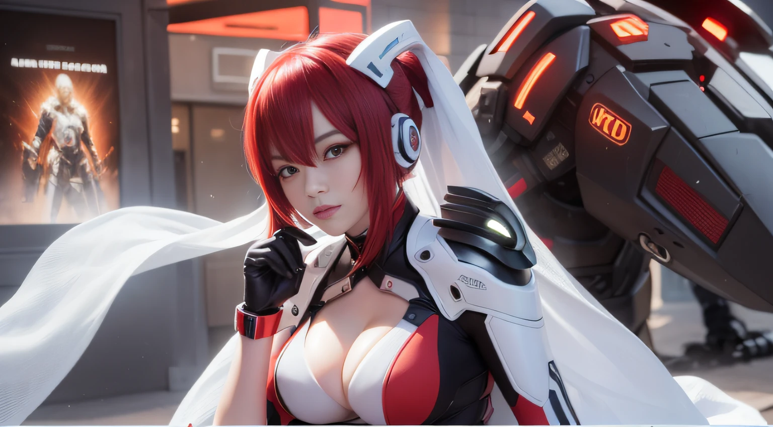 Highest image quality，Outstanding details，超高分辨率，（Fidelity：1.4），The best illustration，Favor the details，closeup cleavage，A mech girl，He has a delicate and beautiful face，（（Red and white semi-mechanical body：1.8）），Raised sexy，乳溝, frontage，onbed, cyber punk perssonage，Futuristic，mechanically aesthetic，Complex machinery，The background is a high-tech lighting scene in the future city，Virtual Engine 5，Perfect detail rendering，rendering by octane，hyper HD