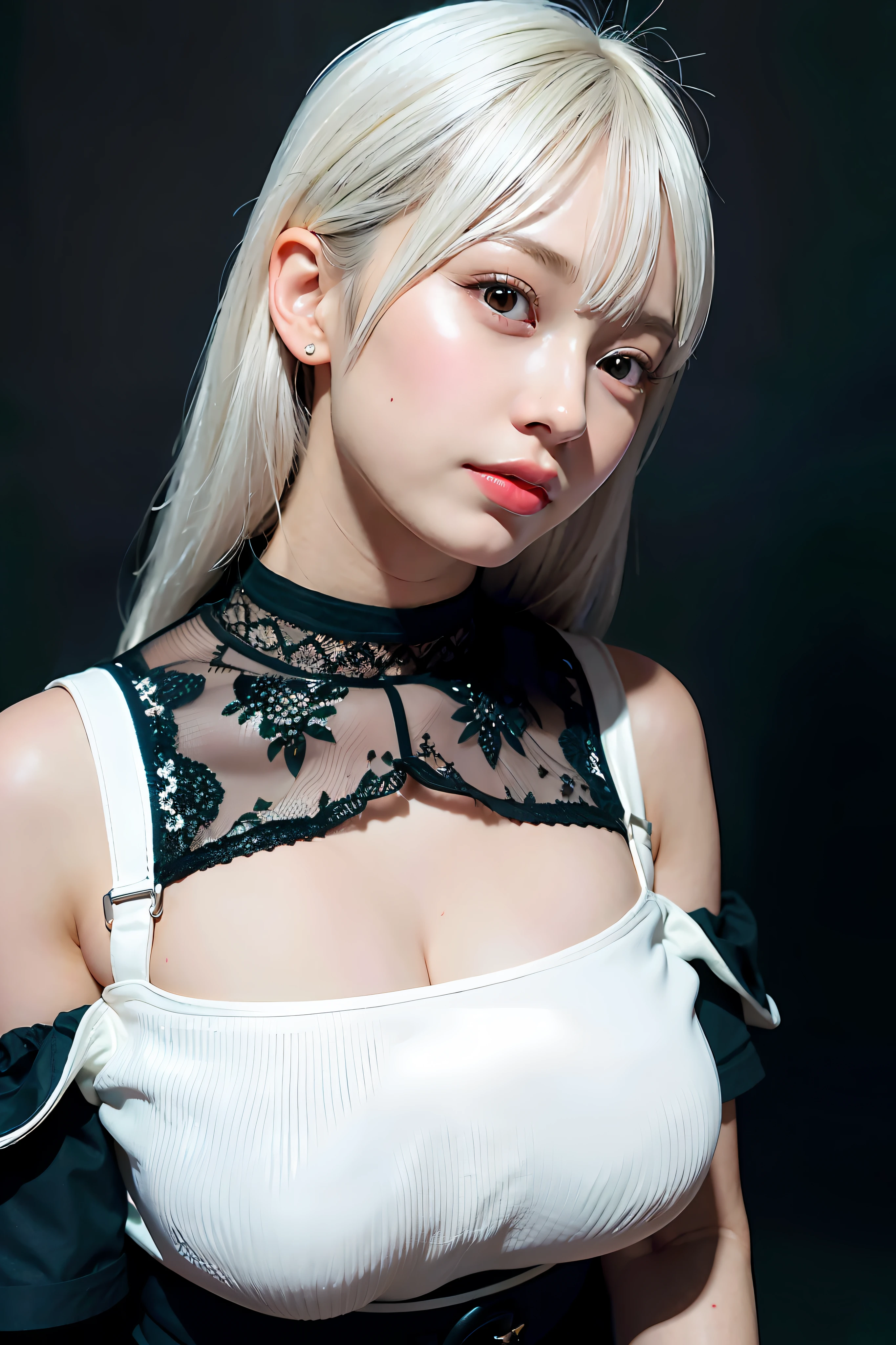 best quality, ultra high res, (photorealistic:1.4), 1girl, off-shoulder white shirt, black tight skirt, black choker, (faded ash gray hair:1), (huge breasts:1.2), looking at viewer, closeup ,