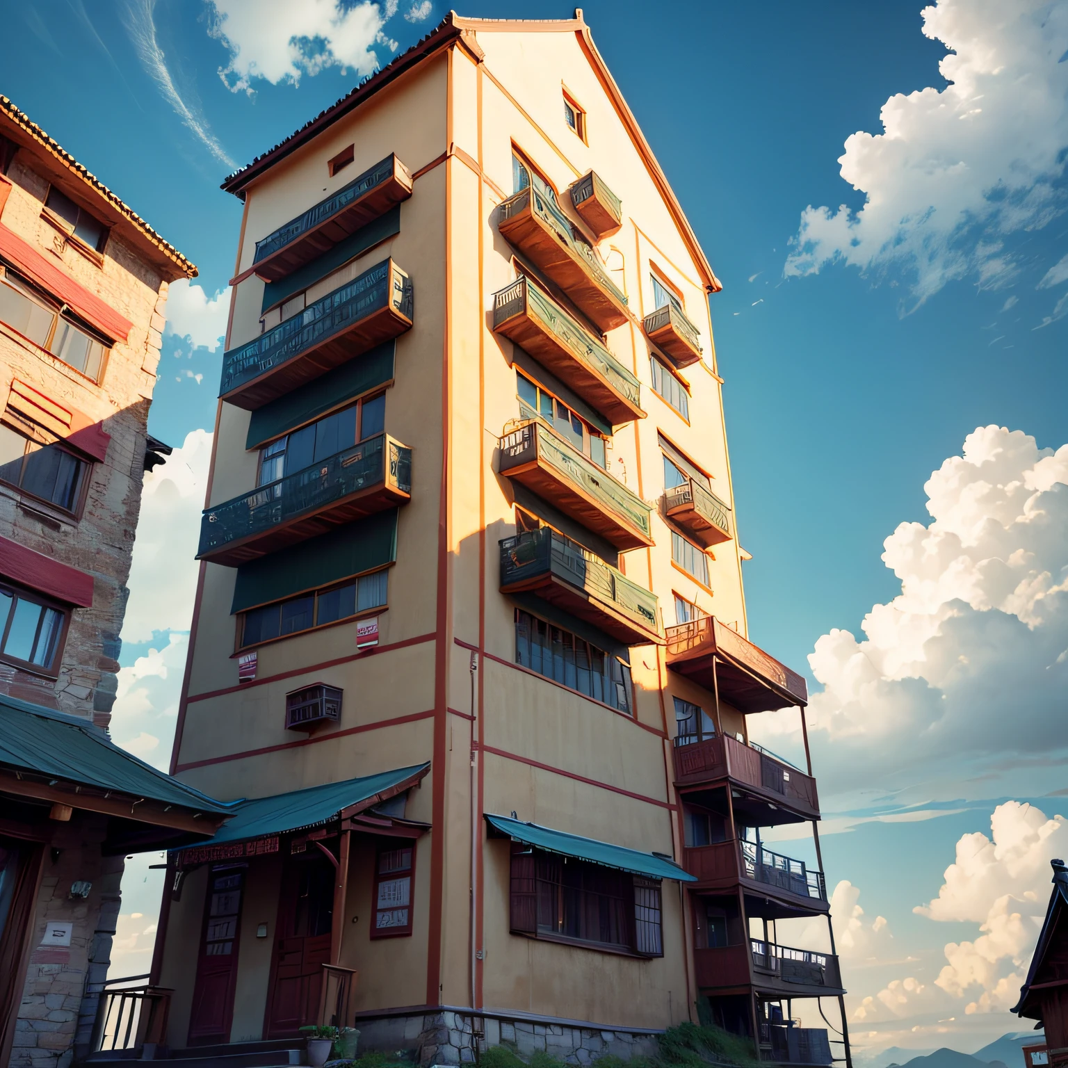 Ancient wind,Quaint,Chinese,Restaurant hostel,towering,The exterior of the entire building,wood,high rise,Located at the bottom of the mountain,Separate building,with blue sky and white clouds --auto