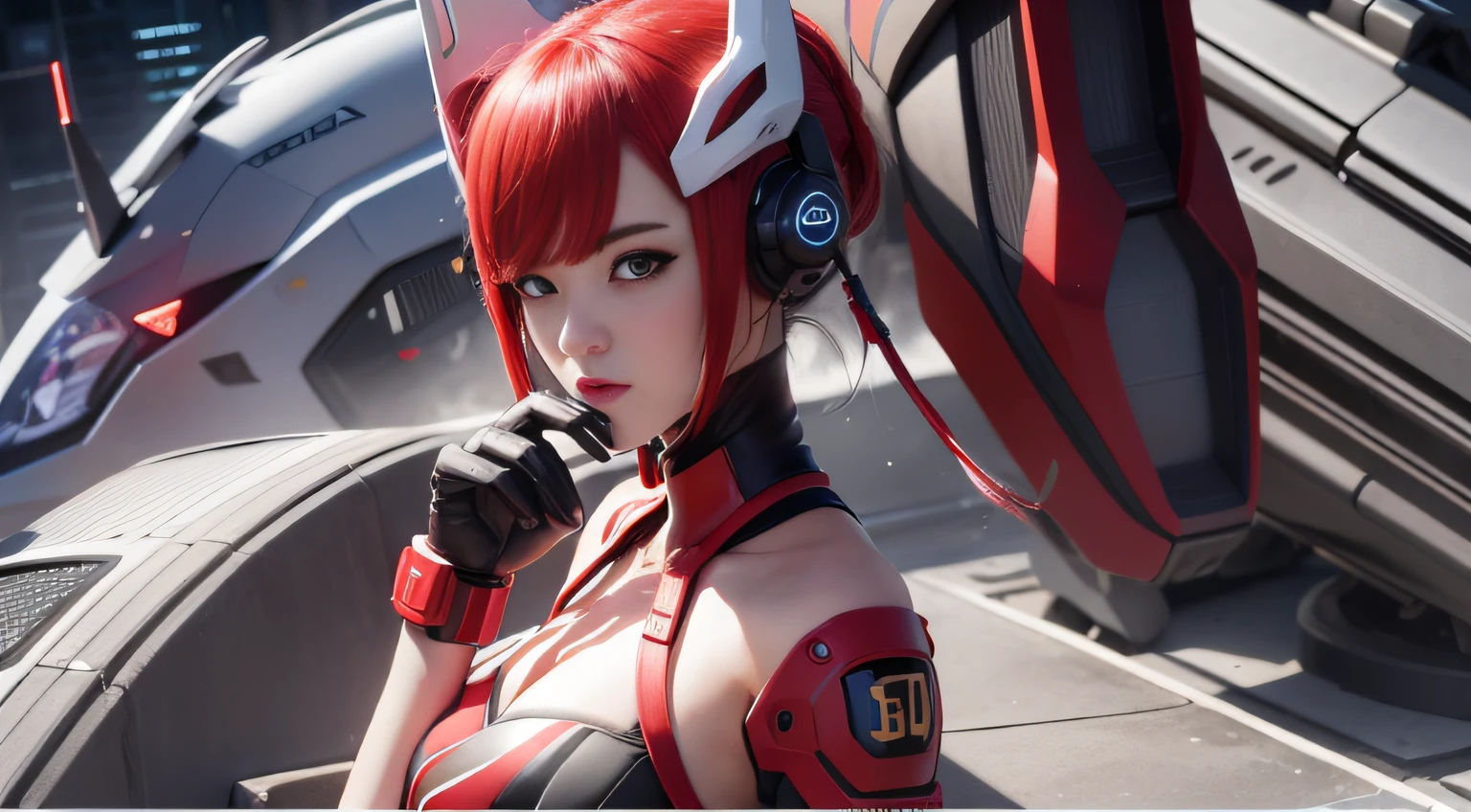 Highest image quality,Outstanding details,超高分辨率,(Fidelity:1.4),The best illustration,Favor the details,closeup ,A mech girl,He has a delicate and beautiful face,((Red and white semi-mechanical body:1.8)),Raised sexy,乳溝,ontage,onbed, cyber punk perssonage,Futuristic,mechanically aesthetic,Complex machinery,The background is a high-tech lighting scene in the future city,Virtual Engine 5,Perfect detail rendering,rendering by octane,hyper HD