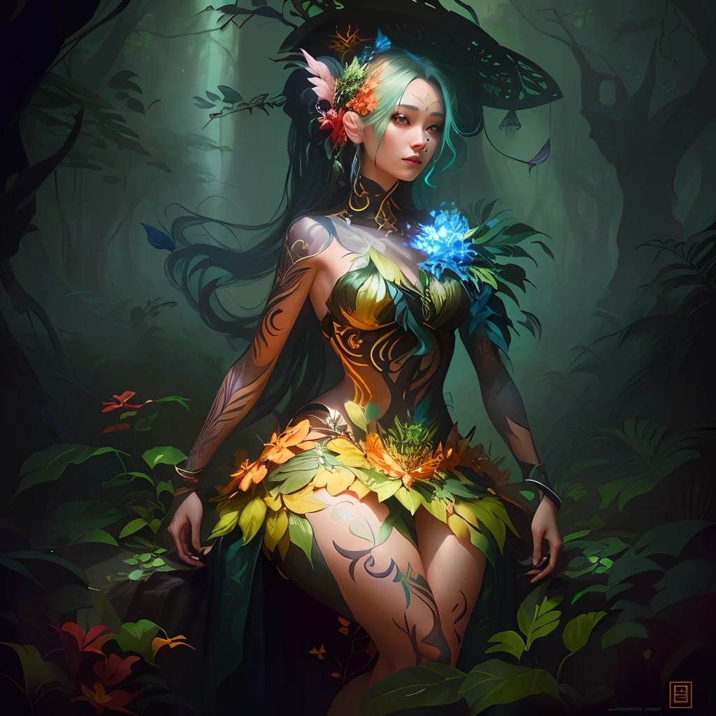 There is a woman with tattoos and a body painting in the forest, Deusa da Floresta, Vencedor do concurso Artstation, Dryad in the forest, deviantart artstation cgscosiety, Vencedor do concurso CGSetline!!, arte fantasia behance, inspirado no WLOP, Arte de fantasia 4k, Chengwei Pan em ArtStation, Vencedor do concurso CGSetline!!!
