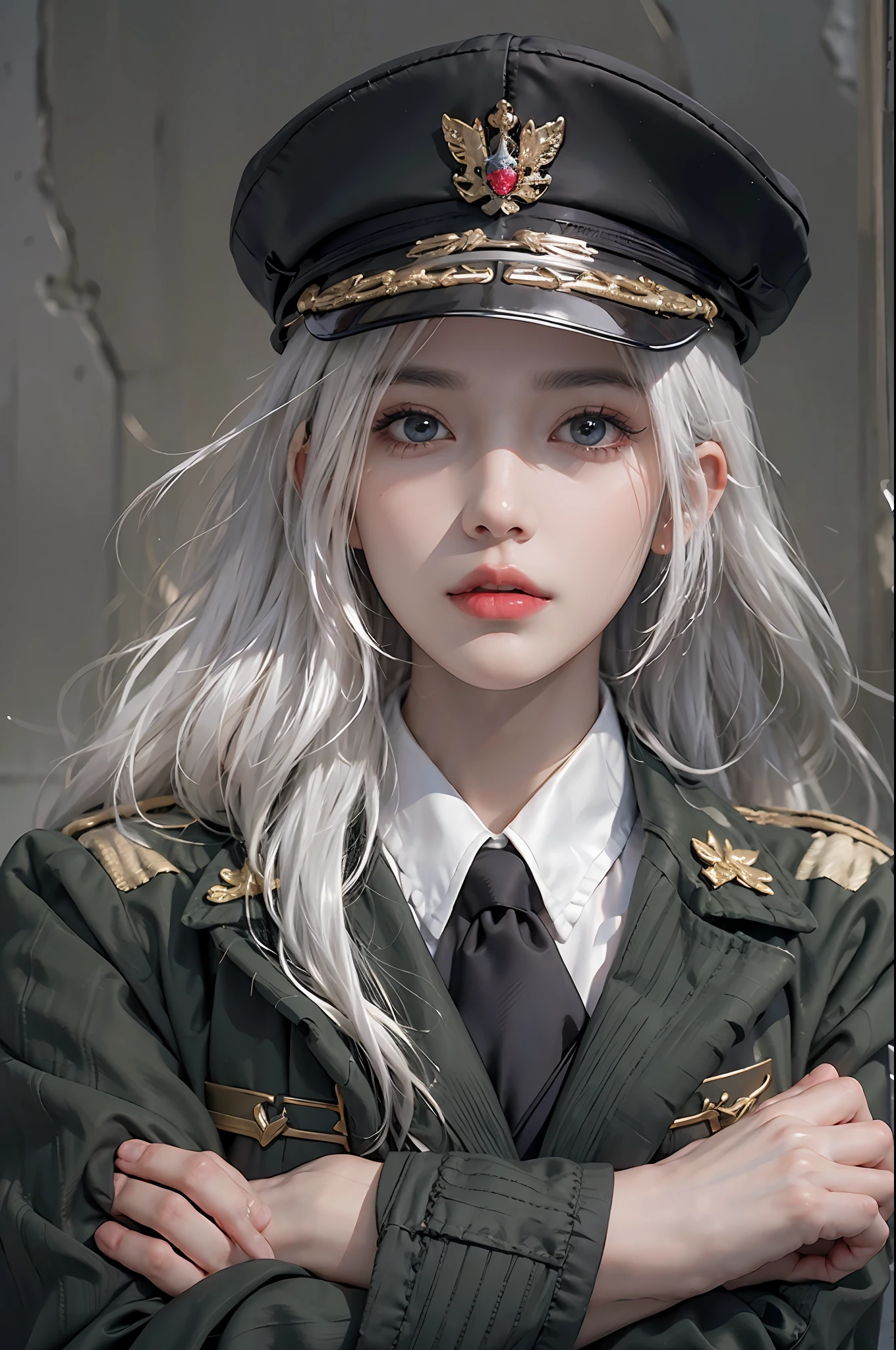 photorealistic, high resolution, 1 woman, waist up, beautiful eyes, white hair, long hair, ringed eyes, military uniform, hat