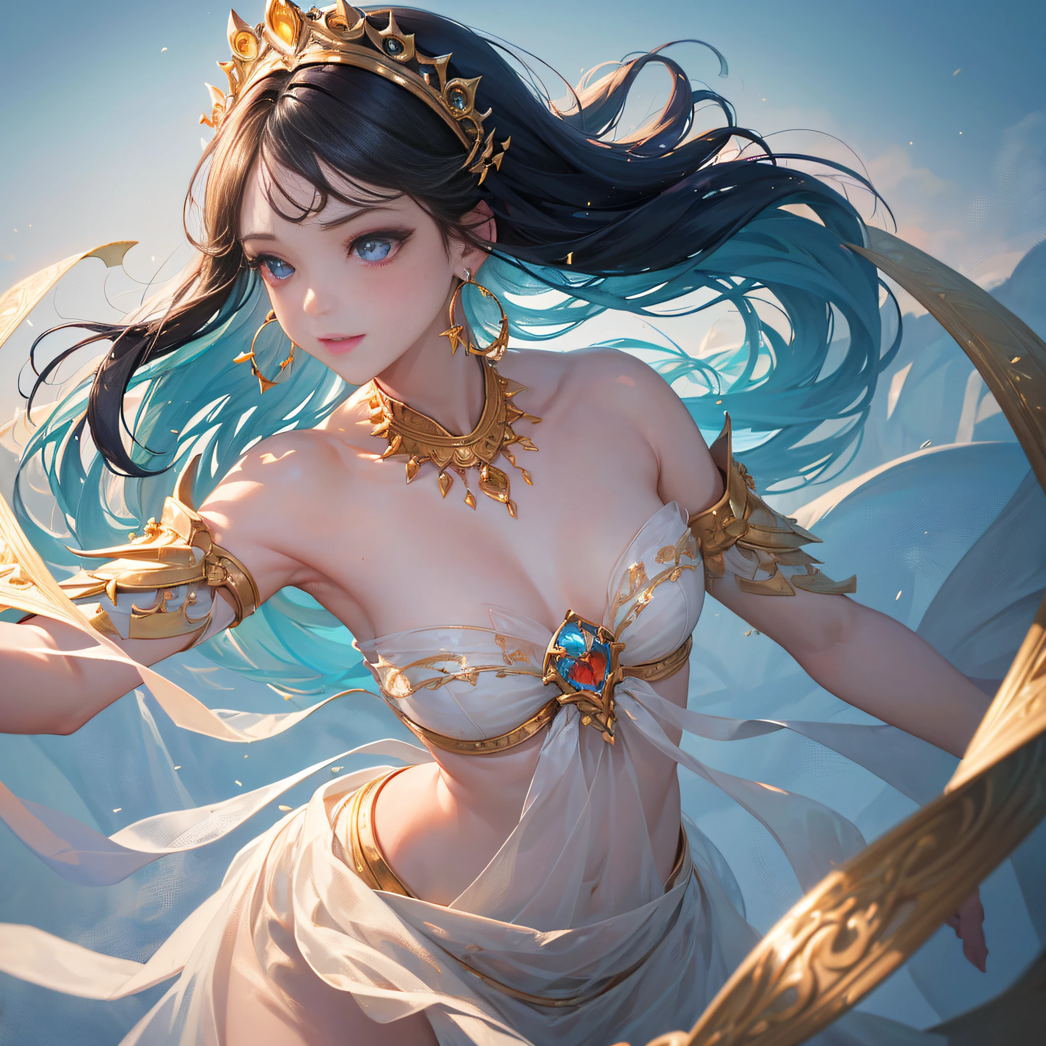 ((Masterpiece:1.2),highest quality:1.1),(dynamic angle:1.2,dynamicposes:1.2,softlighting:1.1), Textured skin,Beauty Tip,Pick dyeing,Crescent headdress,Plain makeup,ribbons,Crescent earrings,Anatomical correct,There are precious stones on the forehead,Beauty mole,Heterochromic pupils,Light smile