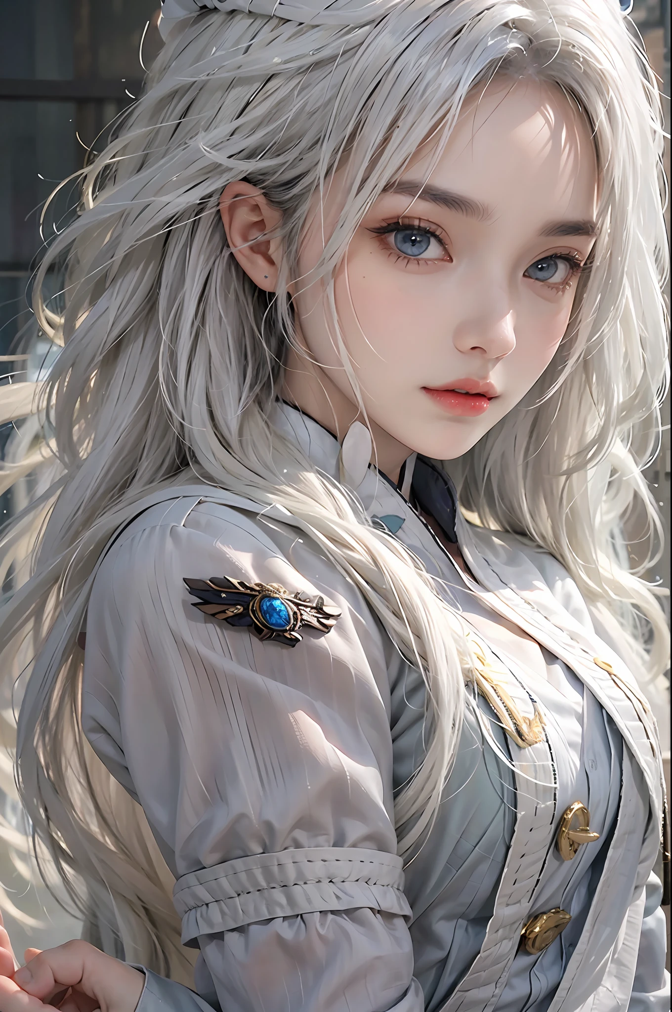 photorealistic, high resolution, 1 woman, waist up, beautiful eyes, white hair, long hair, ringed eyes, military uniform, hat