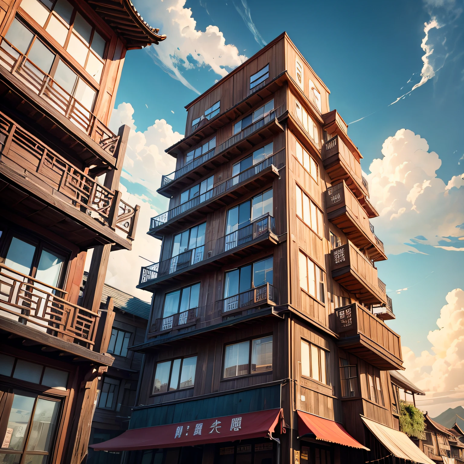 Ancient wind，Quaint，Chinese，Restaurant hostel，towering，The exterior of the entire building，wood，high rise，Located at the bottom of the mountain，Separate building，with blue sky and white clouds --auto