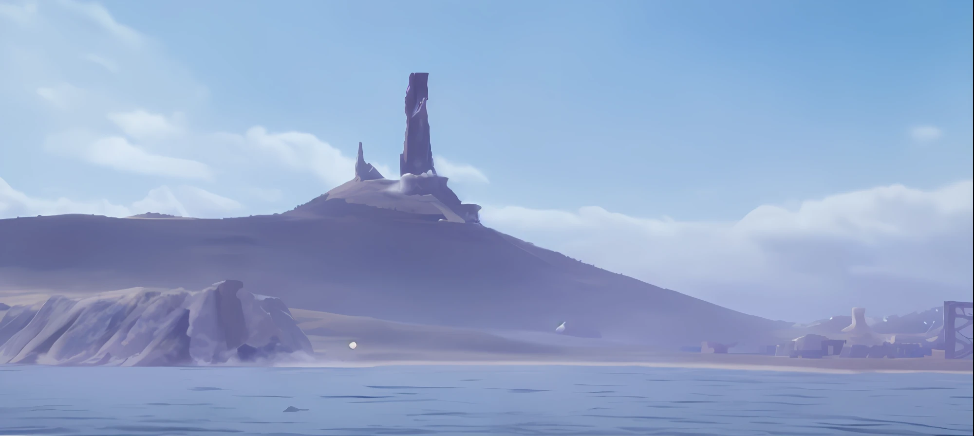 There is a big mountain,There is a tower on the top of the hill, mage tower far away, Ghost giants on the horizon, Mysterious Island, Destroyed alien buildings, Loneliness in the distance, game screenshot, stardestroyer in the background, an island in the background, A scene from the《Chronicles of the Blade of the Other》, Far - medium - lens, spaceship in background, painted tower of the moon
