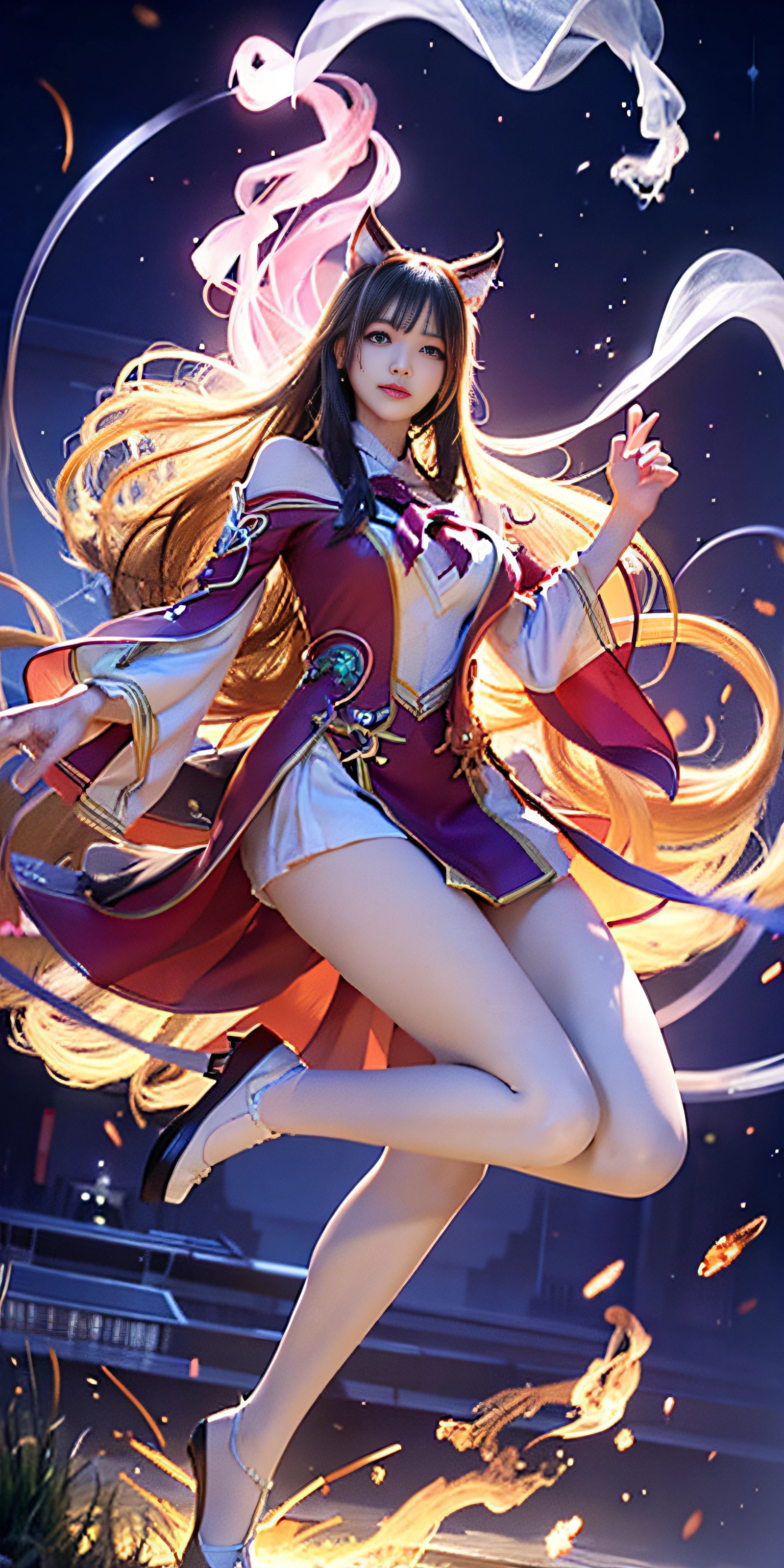 ahri, 1girl in, (Full body) Solo, 9 tails, flower  field, florals, (White smoke:1.3) (Photorealistic:1.4), Zentangle, mandalas, Entangle, Official art, Unity 8k壁纸, ultra-detailliert, Beautiful and aesthetic, masutepiece,Best Quality, (Dynamic Angle:1.4), Glowing skin, (floating colorful sparkles:1) Most Beautiful Form of Chaos, Elegant, a brutalist designed, vivd colour, Romanticism Depth of Field,