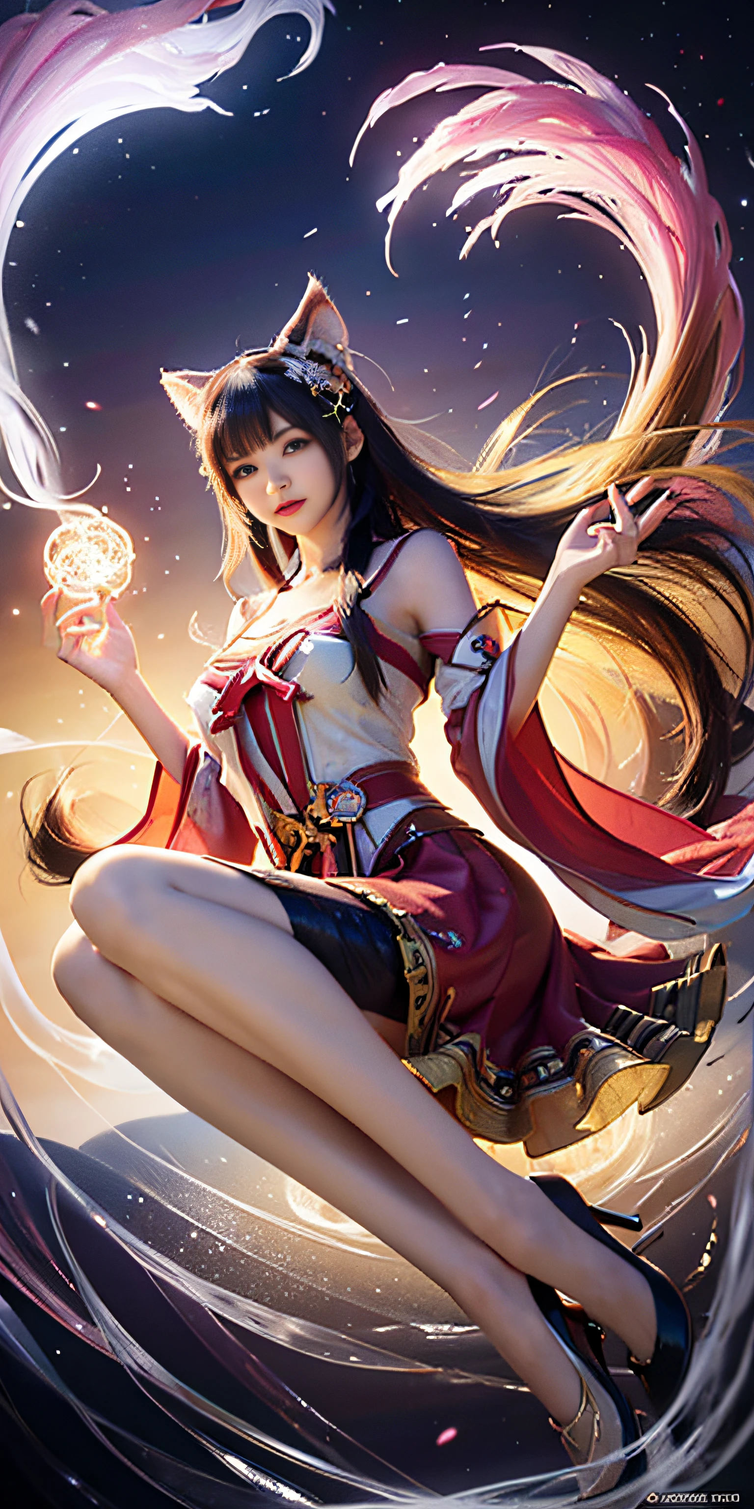 ahri, 1girl in, (Full body) Solo, 9 tails, flower  field, florals, (White smoke:1.3) (Photorealistic:1.4), Zentangle, mandalas, Entangle, Official art, Unity 8k壁纸, ultra-detailliert, Beautiful and aesthetic, masutepiece,Best Quality, (Dynamic Angle:1.4), Glowing skin, (floating colorful sparkles:1) Most Beautiful Form of Chaos, Elegant, a brutalist designed, vivd colour, Romanticism Depth of Field,