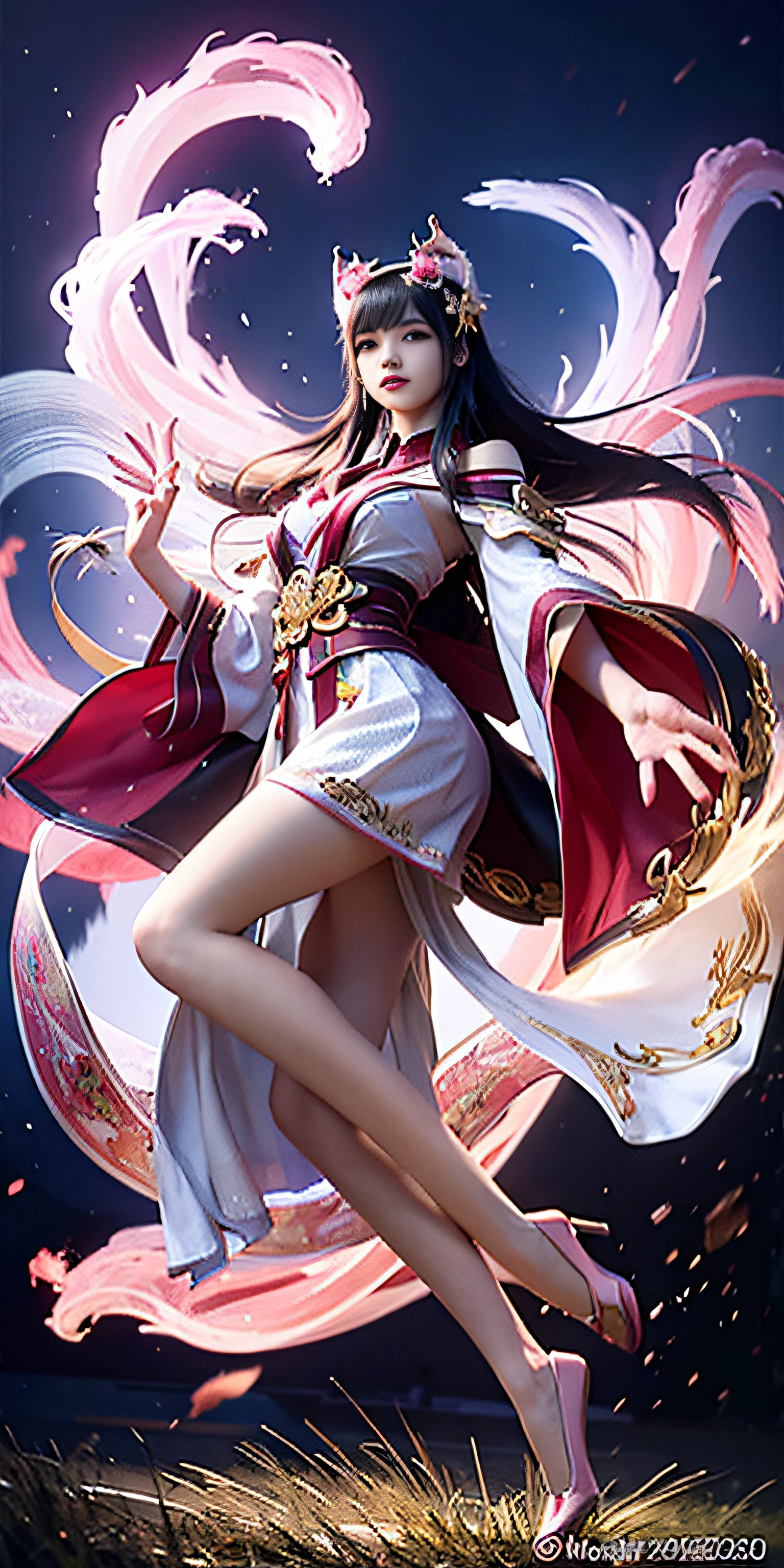 ahri, 1girl in, (Full body) Solo, 9 tails, flower  field, florals, (White smoke:1.3) (Photorealistic:1.4), Zentangle, mandalas, Entangle, Official art, Unity 8k壁纸, ultra-detailliert, Beautiful and aesthetic, masutepiece,Best Quality, (Dynamic Angle:1.4), Glowing skin, (floating colorful sparkles:1) Most Beautiful Form of Chaos, Elegant, a brutalist designed, vivd colour, Romanticism Depth of Field,