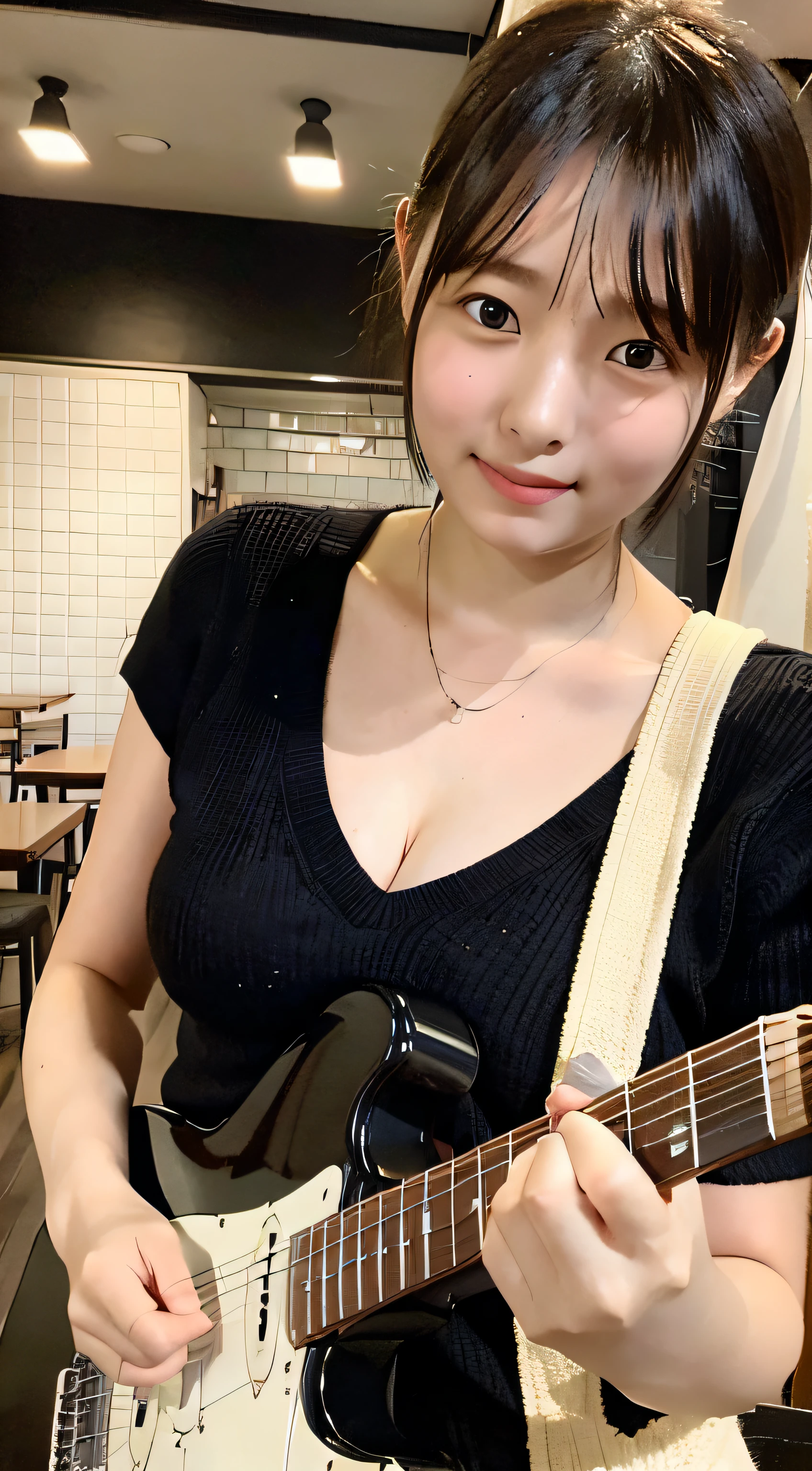 Electric guitar playing, junior high school student with too big, studying in a café, 15 years old, super, saggy breasts, soft, sweat, short hair, knitted V neck