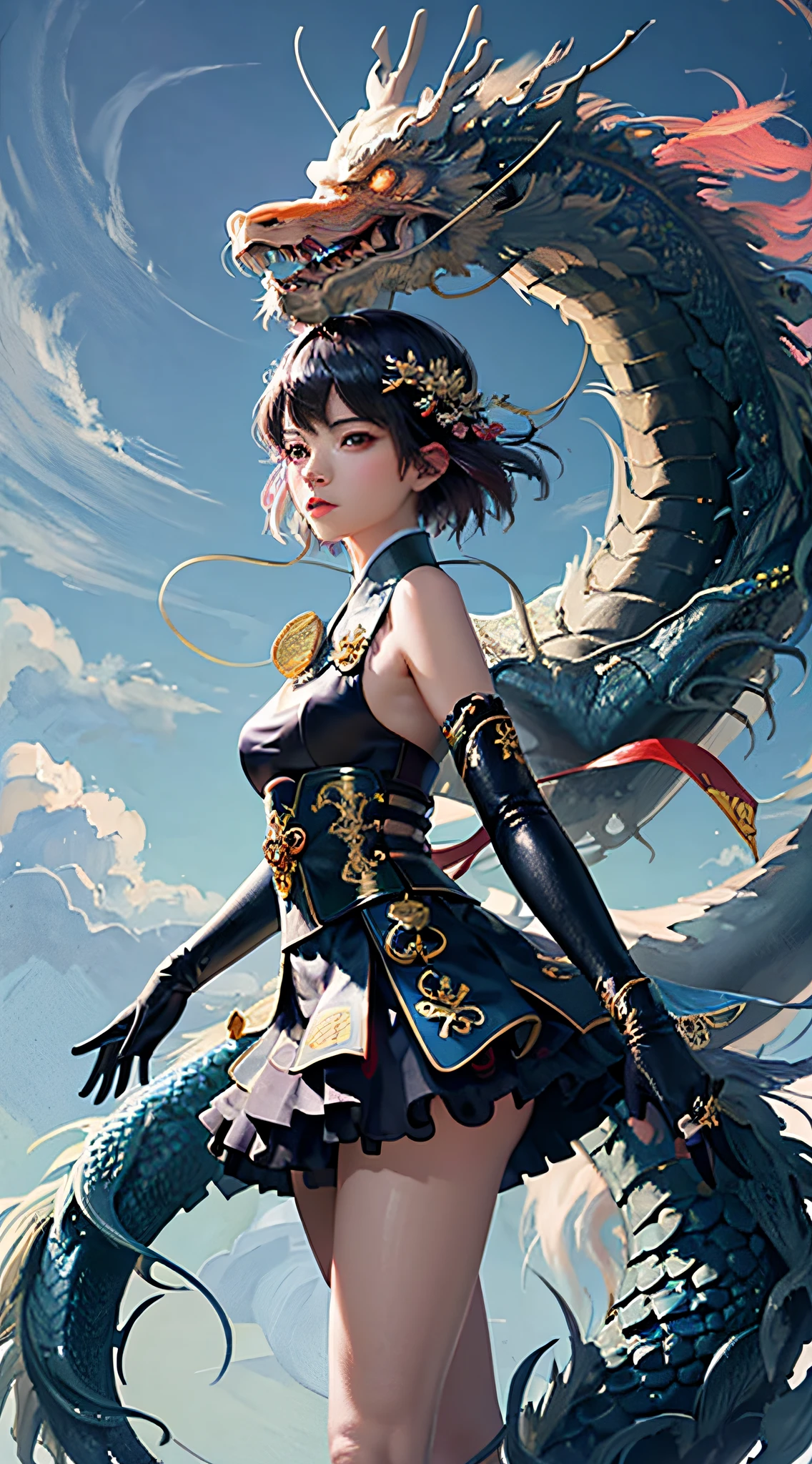 offcial art,统一 8k 壁纸,ultra - detailed,Beauty and aesthetics,tmasterpiece,best qualtiy,(zentangle,tangle,entangle),(s fractal art:1.4),1girl,black color hair,chineseidol,cropped shoulders,short skirt,small thighs,nabel,Ultimate hand detail,The is very detailed,dynamic angle,cowboyshot,(Chaos in its most beautiful form),flowy,(vivd colour),OC,(A half body:1.2),Chinese big breasts,(thangka flying sky:1.5),(Colorful ribbons:1.3),(dream magical:1.5),(Hanfu:1.5),chinesedragon,Chinese Phoenix,(ssmile:0.5 ),(chinese deity),