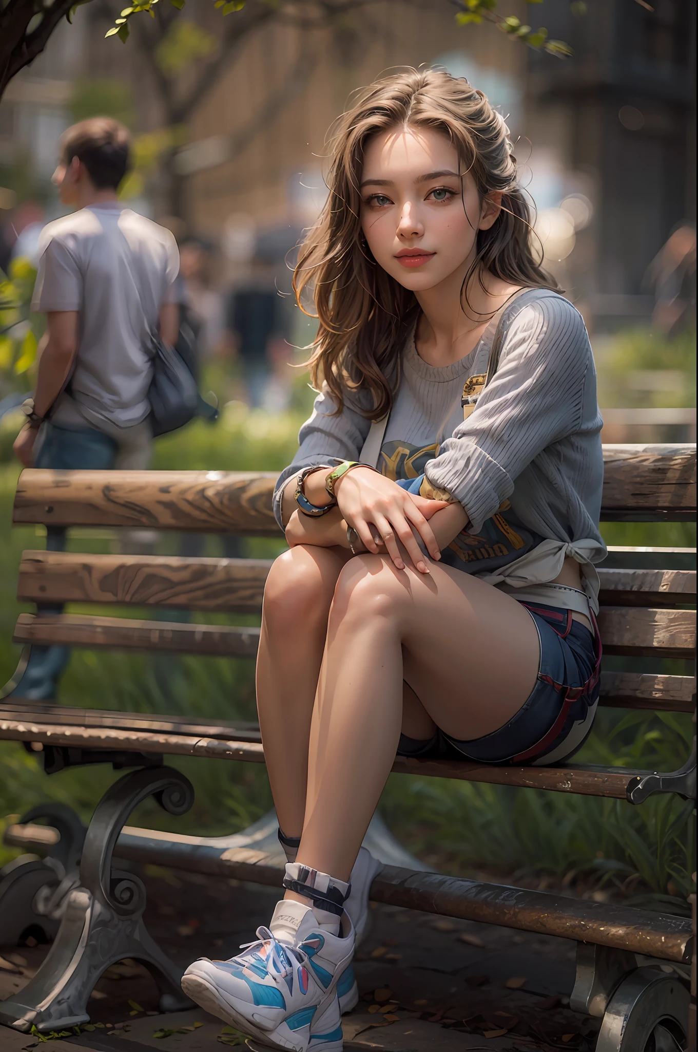 masterpiece, (RAW photo: 1.2), top quality, beautiful, (perfect anatomy, prefect fingers), woman sitting on bench in the park, smile, rock climb outfit, highly detailed eyes and face, beautiful detailed eyes, cinematic lighting, huge file size, high resolution, 8k wallpaper, fine detail 8k wallpaper, (photorealism: 1.4),