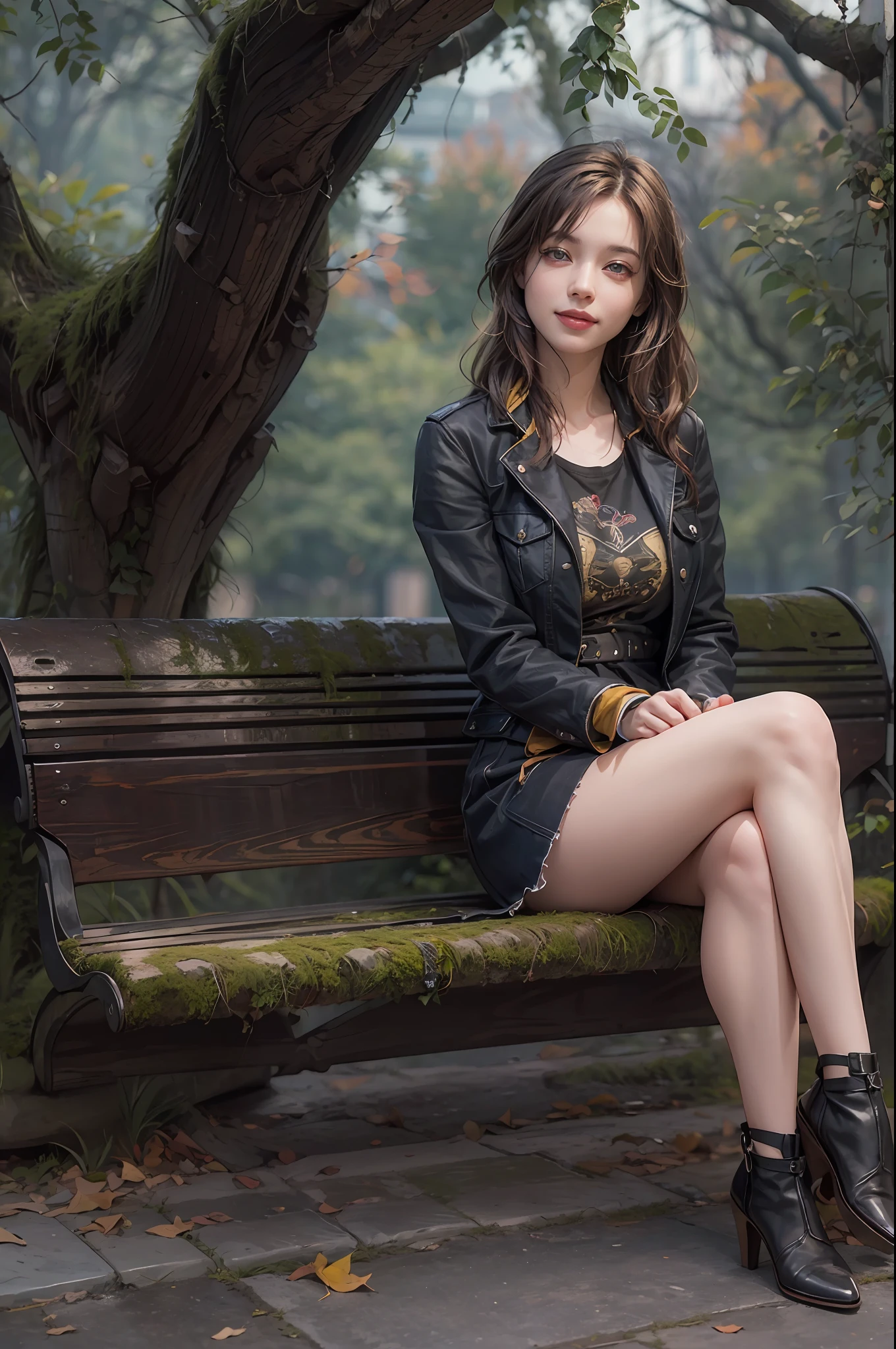 masterpiece, (RAW photo: 1.2), top quality, beautiful, (perfect anatomy, prefect fingers), woman sitting on bench in the park, smile, rock climb outfit, highly detailed eyes and face, beautiful detailed eyes, cinematic lighting, huge file size, high resolution, 8k wallpaper, fine detail 8k wallpaper, (photorealism: 1.4),