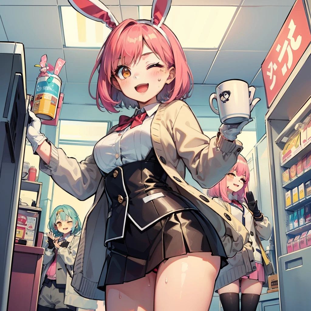 (:D:1.2),One girl. (masutepiece, of the highest quality, Kyoto Animation Style Illustration, of the highest quality, Official art, aesthetics, Beautiful details, :1. 2), BREAK, ( girl), Very detailed, colourfull, highest details, BREAK, (medium breasts),(Orange Eyes:1.2),(girl, Cute, Graceful, Loli face,Piair,a short bob,tareme, gleaming skin, Hugging a stuffed rabbit, Playboy Bunny,(Suit Style, Short suit skirt,long lace white gloves wet with sweat, Black cardigan:1.1), High socks with pink and yellow stripes,Pink Bunny Years Hair Band,BREAK,(Holding a mug),Coffee,(one eye closed), Waving hands,Standing with a smile,(closes mouth),Open legs,Angle from below,Skirt flips up with a cold,Strap panties visible,BREAK,In front of the convenience store cash register,Being in front of the cash register,Have new pants,Multiple guests,The high school boy behind me is embarrassed,Capacity of women with bemused faces,