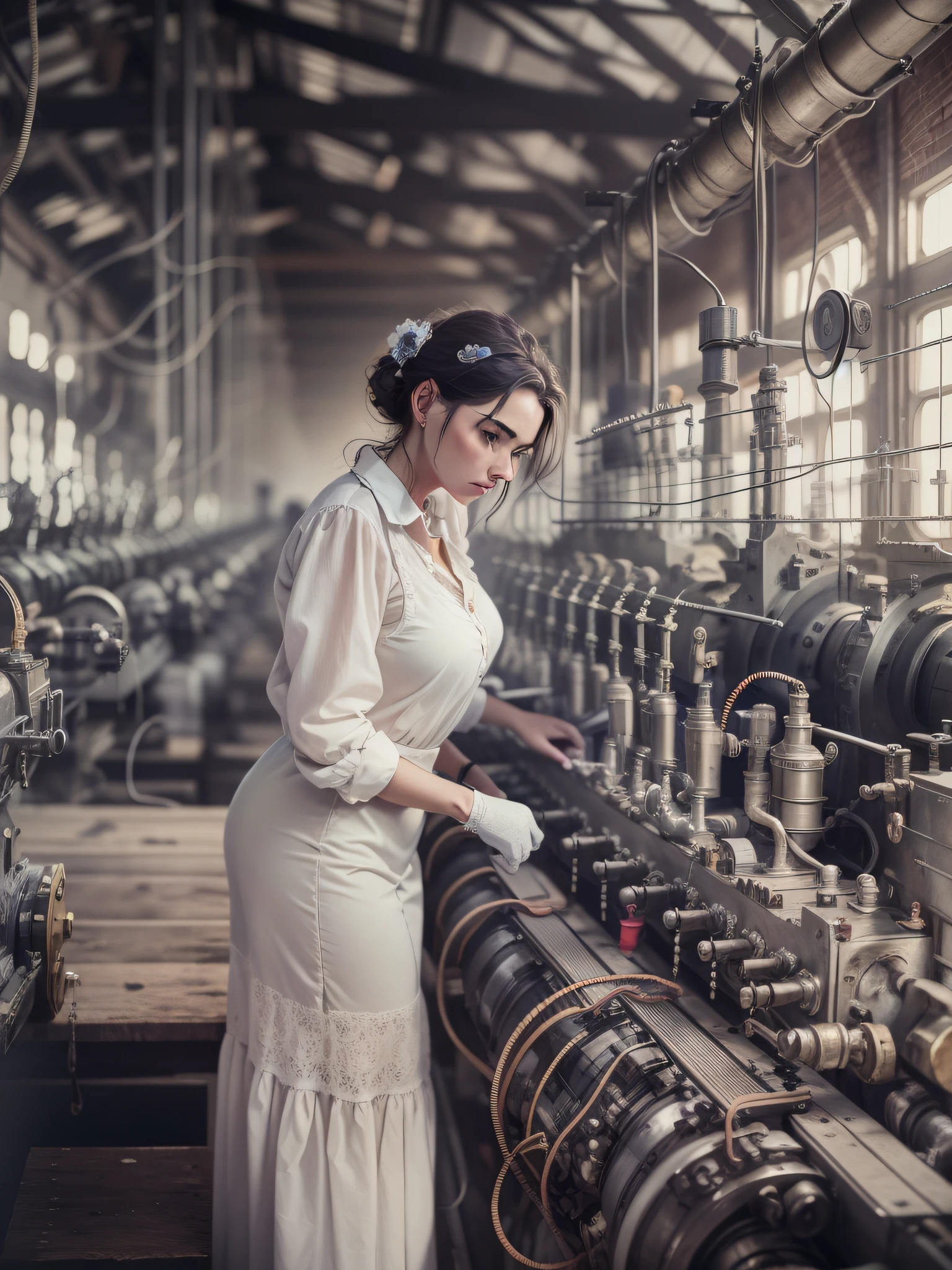 Owner of a cotton factory" Meet Elizabeth, a particular factory owner, while she inspects her cotton mill during peak production. Vestida com um sofisticado vestido vitoriano, She oversees the wiring and steam engines, symbolizing the entrepreneurial spirit of the time.
