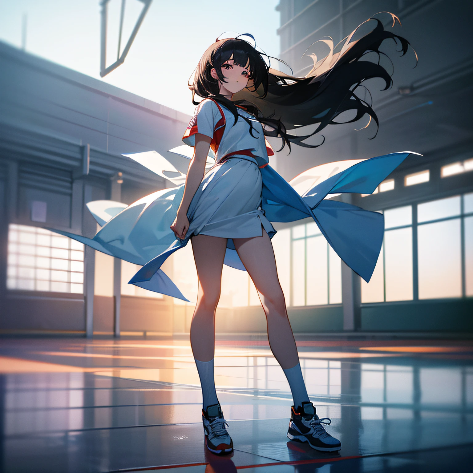 (8k, Best Quality, Masterpiece: 1.2), (Realistic, Realistic: 1.37), Ultra Detailed, Best Quality, Ultra High Resolution, Professional Lighting, Photon Mapping, Radiosity, Physically Based Rendering, Cinematic Lighting, Basketball court, depth of field, clear focus, sunlight, good composition, (bokeh: 1.2) 1girl, solo, (full body), (closed mouth), beautiful and detailed eyes, pose, narrow waist, basketball uniform, black hair , messy hair, long hair blowing in the wind, (ulzzang-6500:1.2) mix4, hiqcgbody --auto