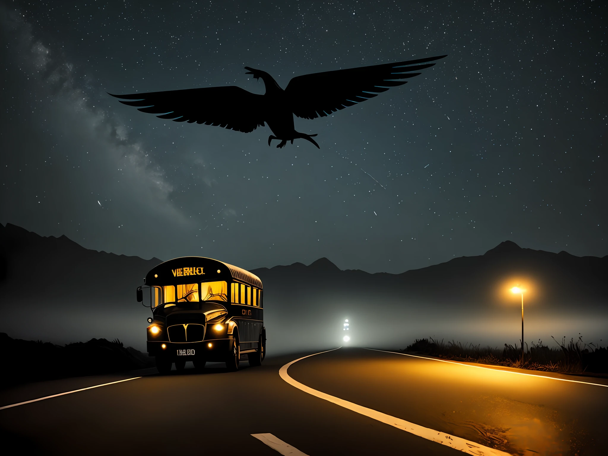 A road with an all-black creature with realistic wings in the background coming an American school bus with headlights on night starry sky mist lampposts illuminating ultra realistic of great quality well detailed intricate masterpiece photorealistic photo award-winning dark atmosphere mysterious cinematic excellent composition style Victor saves ultra hd