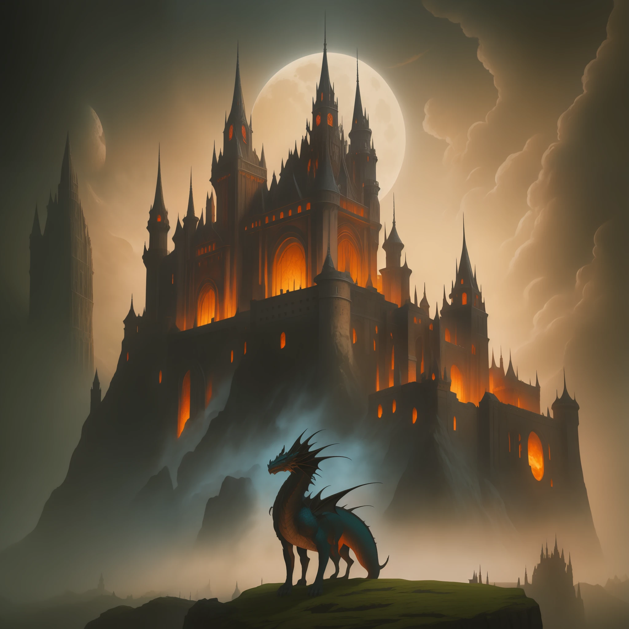 Arafed dragon in front of a castle with a full moon, dungeons and dragons art, an ominous fantasy illustration, epic fantasy illustration, arte de estilo fantasia escura, d & D Arte Digital Fantasia, d&d trending on artstation, epic fantasy art, fantasia pintura digital, Dan Mumford Tom Bagshaw, epic fantasy art, realistic fantasy illustration, lente grande e angular