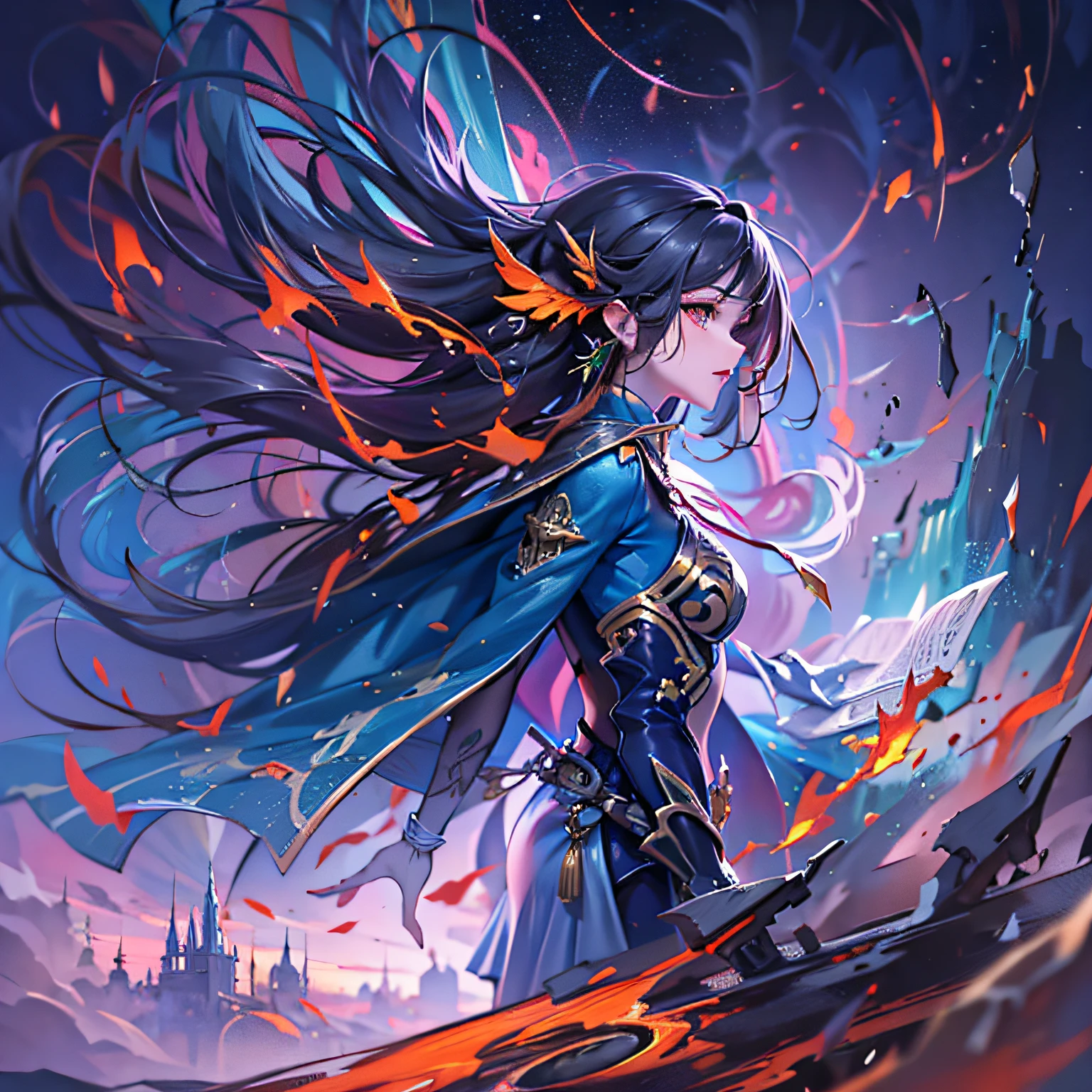 Tower of God，blue towers，violet colors，blue colors，red colour，Deities，Red sky，violet sky，starrysky，As estrelas，starry towers，starry god，pale-blue，civilization，order，Character rendering, super high-quality model, Ethereal background, Abstract beauty, Explosive volume, oil painted, Heavy strokes, paint drips,Highest image quality，best detail