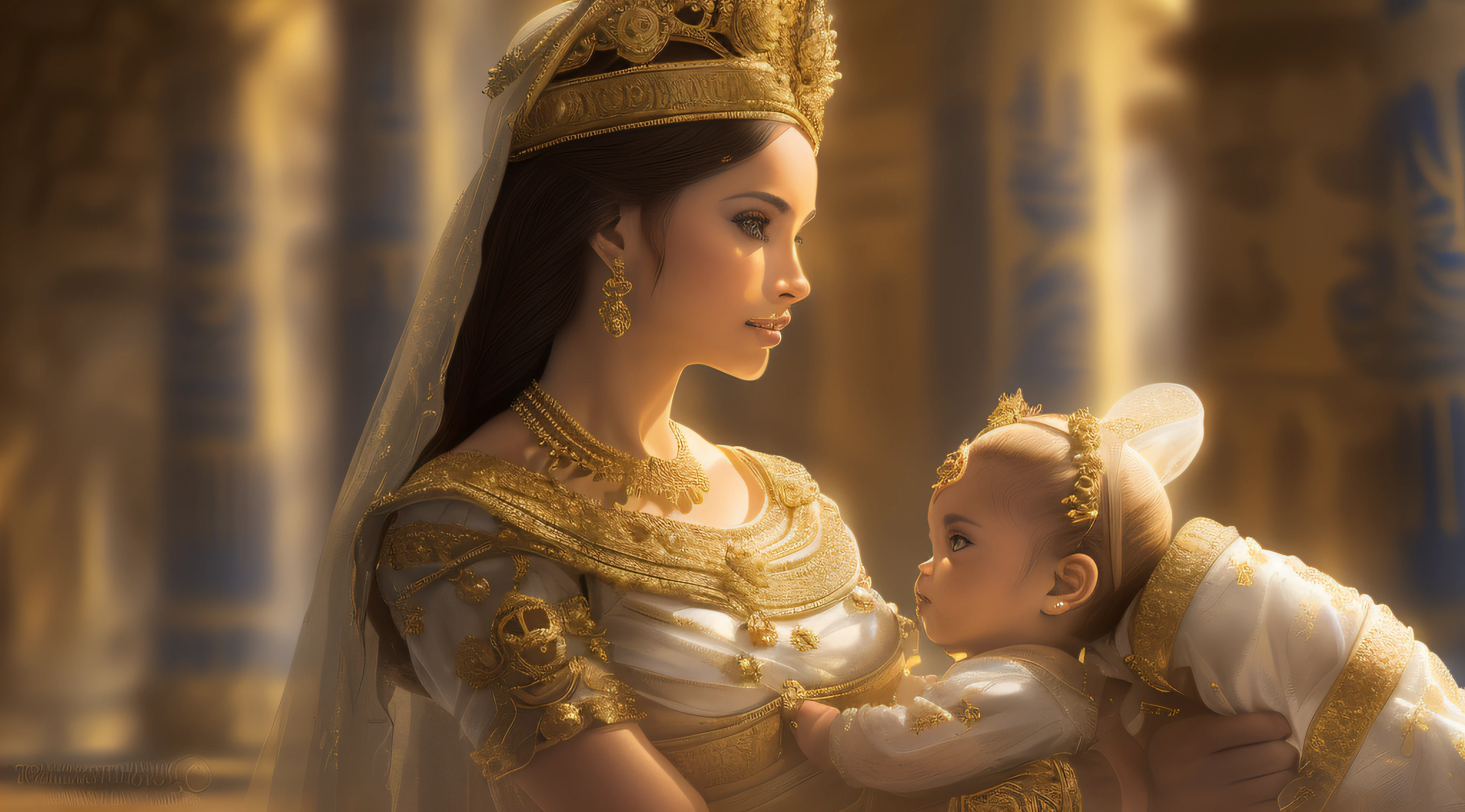 ((lifelike lighting, melhor qualidade, 8k,Princesa do Egito Antigo: Royal  in your arms Motherly and affectionate look Dress in royal costumes Adornments of gold and precious stones Hieroglyphics and pillars of the palace in the background Majestic and sumptuous environment Rich and vibrant colors.