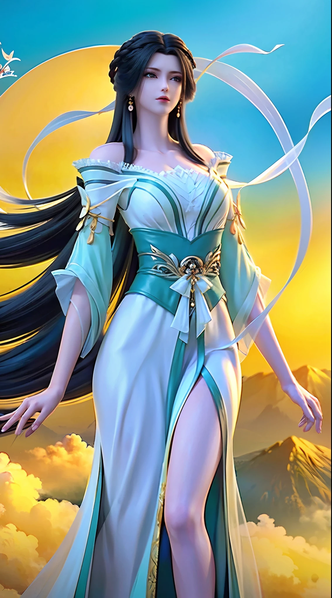 masterpiece,best quality,1girl, black hair, bare shoulders, long hair, dress,cowboy shot, dynamic pose, dynamic angle,