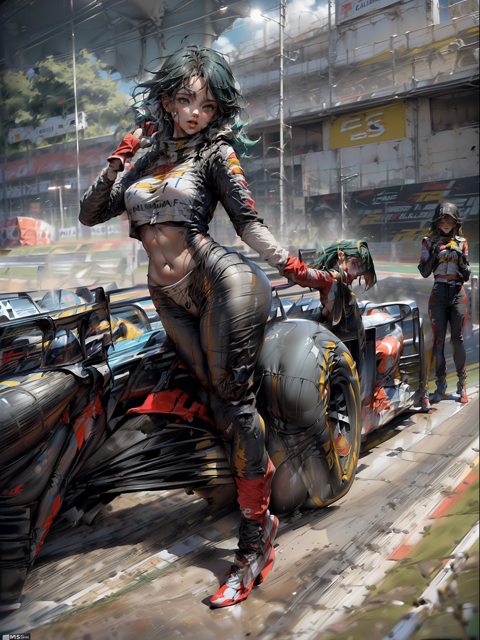 ((cuerpo completo):2) (({only one Women}:1.2):{((Dressed in red Formula 1 racer suit)1.2), ((Cabello largo y azul hasta los hombros, Brillantes ojos verdes) 1.3), ((Making an erotic pose in a Formula 1 car, Mirando al espectador, sonriente):1.3), ((senos extremadamente grandes):1.2)}, \n (({Hipodromia of Formula 1 racing, es de noche, lloviendo intensamente, Several people are in the stands}):1.3), anime, Anime style, 16k, ((La mejor calidad, Detalles altos):1.4), Obra maestra, UHD