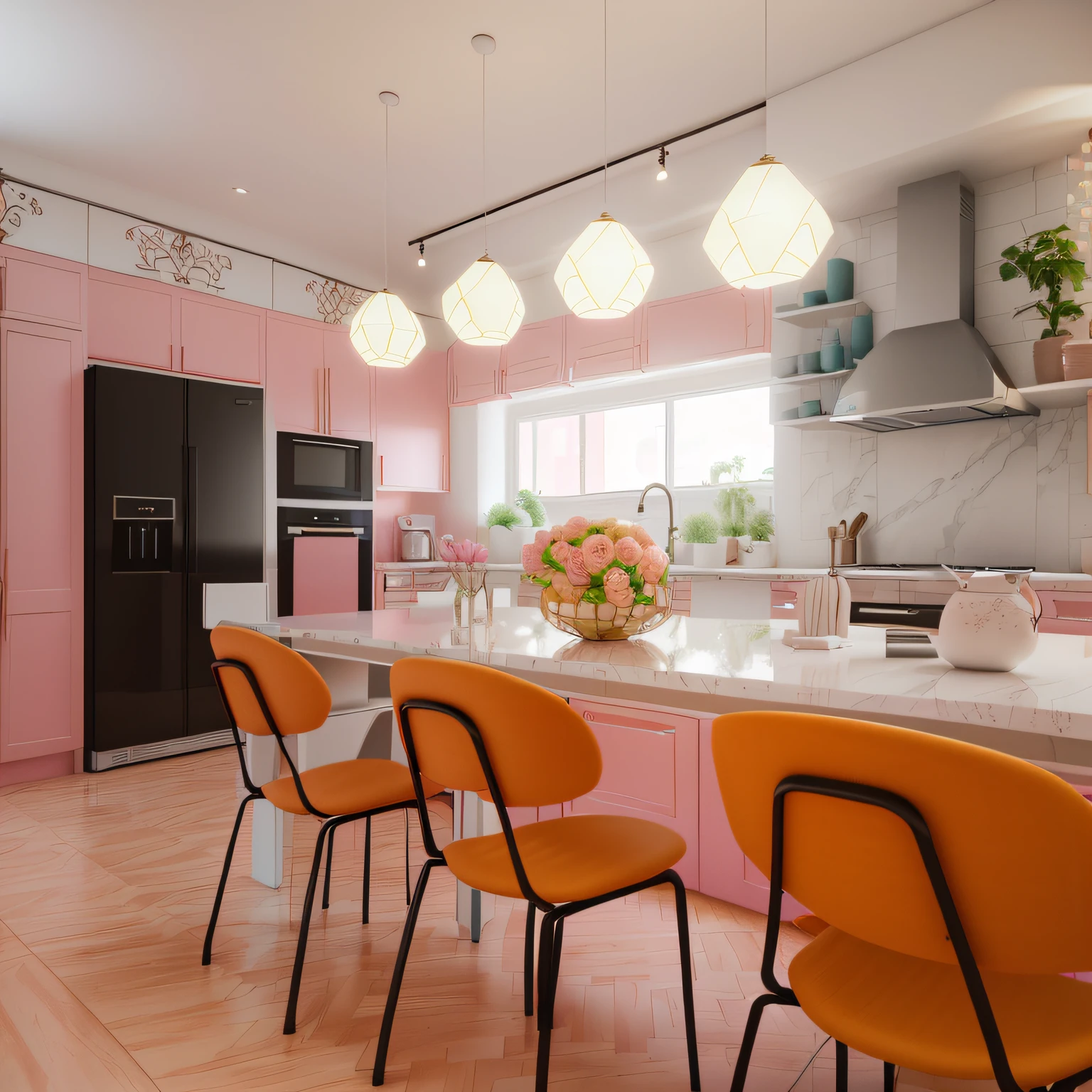 There are four pink chairs in the kitchen with a pink table and pink chairs, realista estilo 3d, Stuning 3 D render, renderizado no enscape, very realistic 3 d render, excellent 3d render, realism rendering, realistic 3d render, Realistic 3D rendering, in style of 3d render, enscape render, very realistic render, semi-realistic rendering, barbie, rosa, geladeira rosa, armario rosa, luminaria rosa, laranjas rosas, paredes pintadas rosa, piso rosa, ambiente rosa --auto