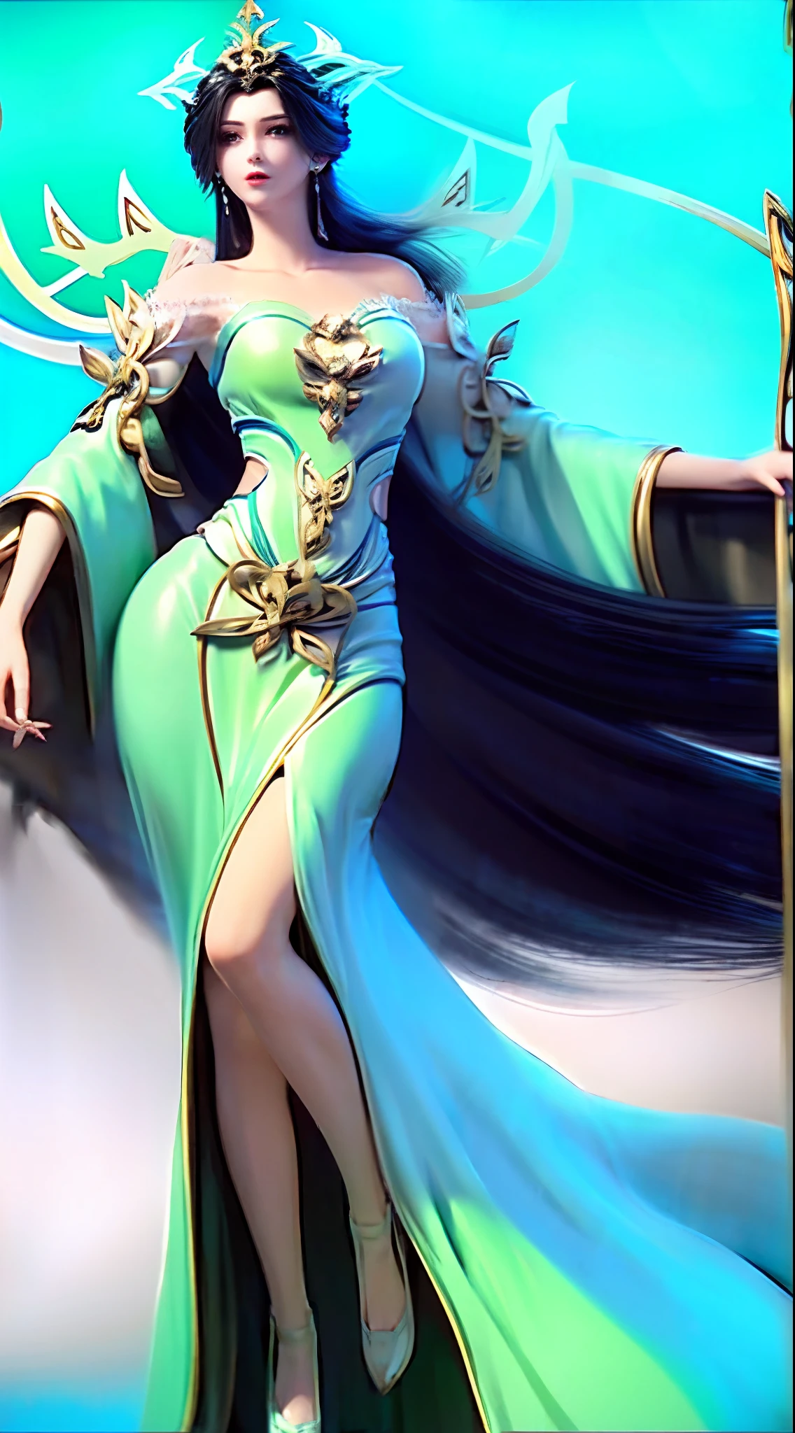 masterpiece,best quality,1girl, black hair, bare shoulders, long hair, dress,cowboy shot, dynamic pose, dynamic angle,