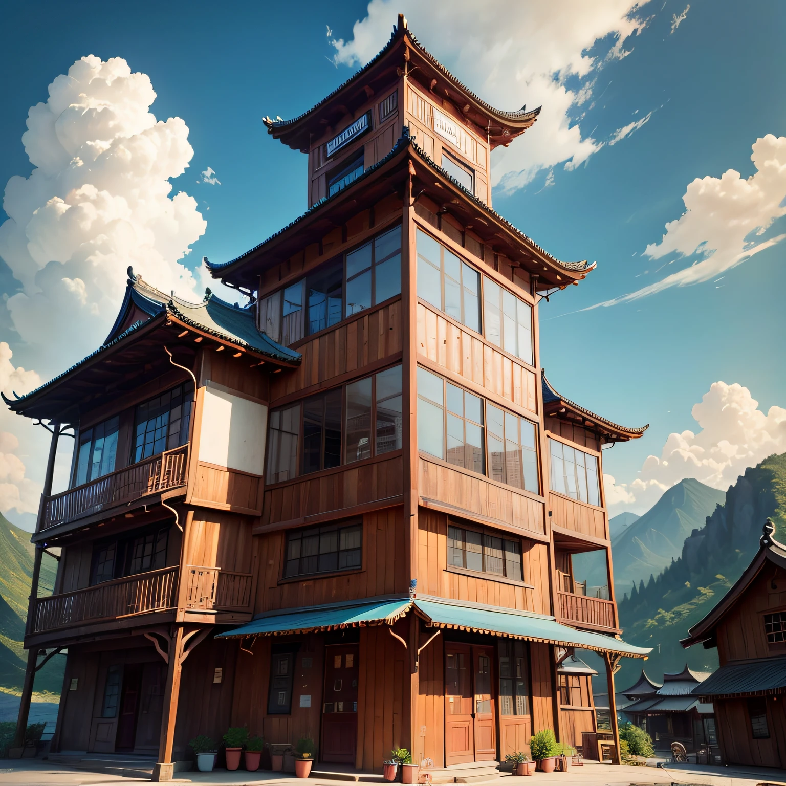 Ancient wind，Quaint，Chinese，Restaurant hostel，towering，The exterior of the entire building，wood，high rise，Located at the foot of the mountain，Individual building，with blue sky and white clouds