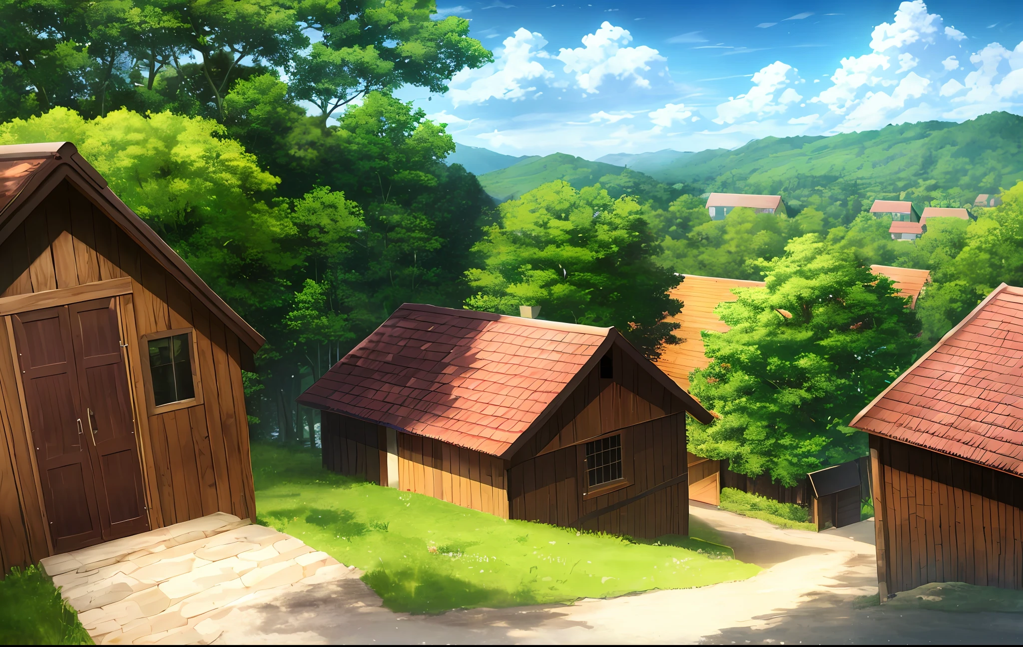 scenery, forest, village, well, sky, clouds