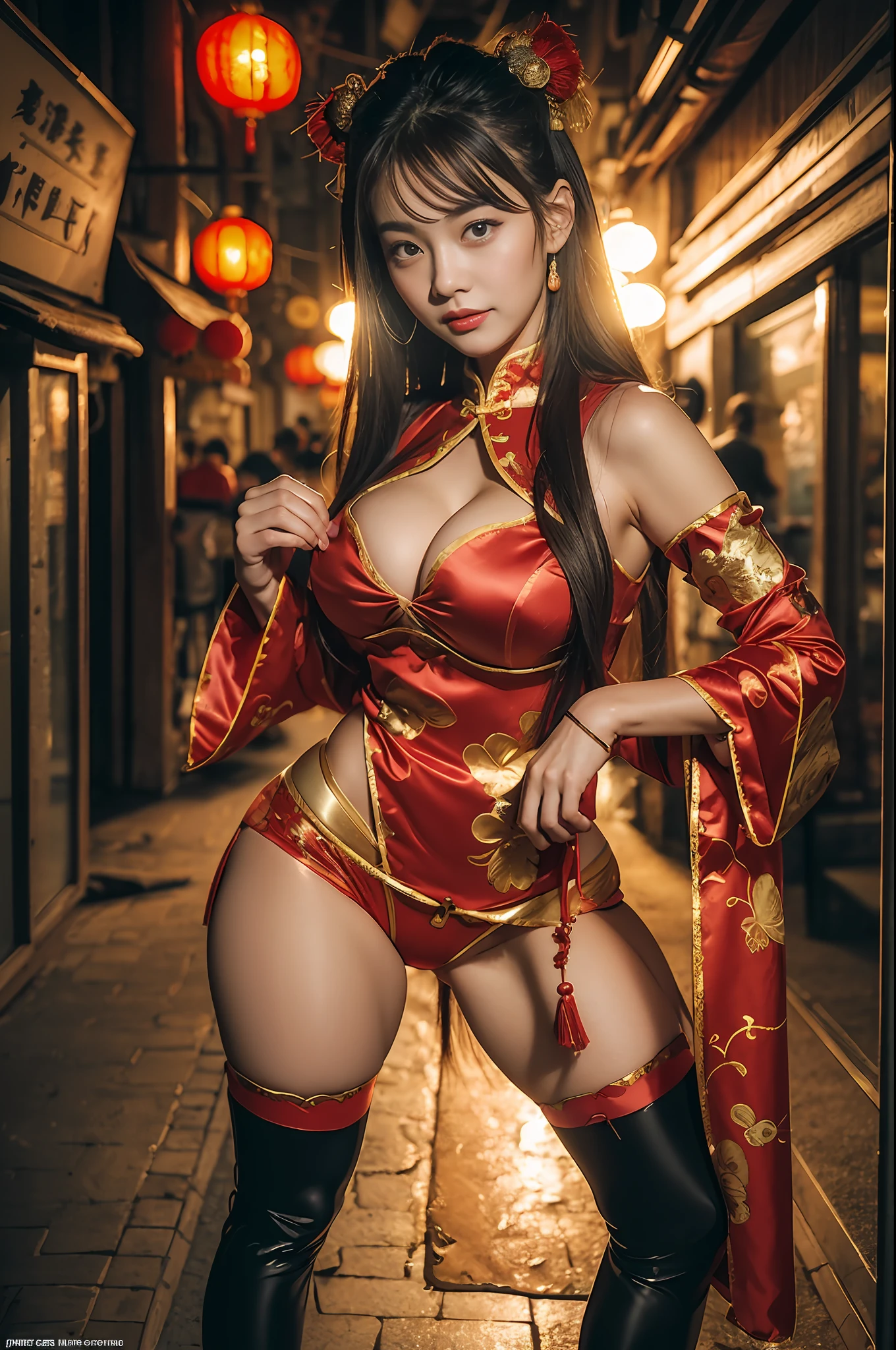 (((long Traditional Chinese costumes))),(((view full body))),(((Show cleavage))),(((bare inner thigh)))、(((show side breast))),(((detached sleeves))),(((over-kneehighs))),ulzzang-6500-v1.1, (Raw photo:1.2), (Photorealsitic:1.4), a beautiful detailed girl, extremely detailed eye and face, beautiful detailed eyes, ultra-detailed, High resolution, top-quality, ​masterpiece, ighly detailed, 8k wallpaper, magnifica, finely detail, top-quality, Light on the face,电影灯光,1girl in,(Kowloon City),Beautiful eyes,smile,Opening Mouth