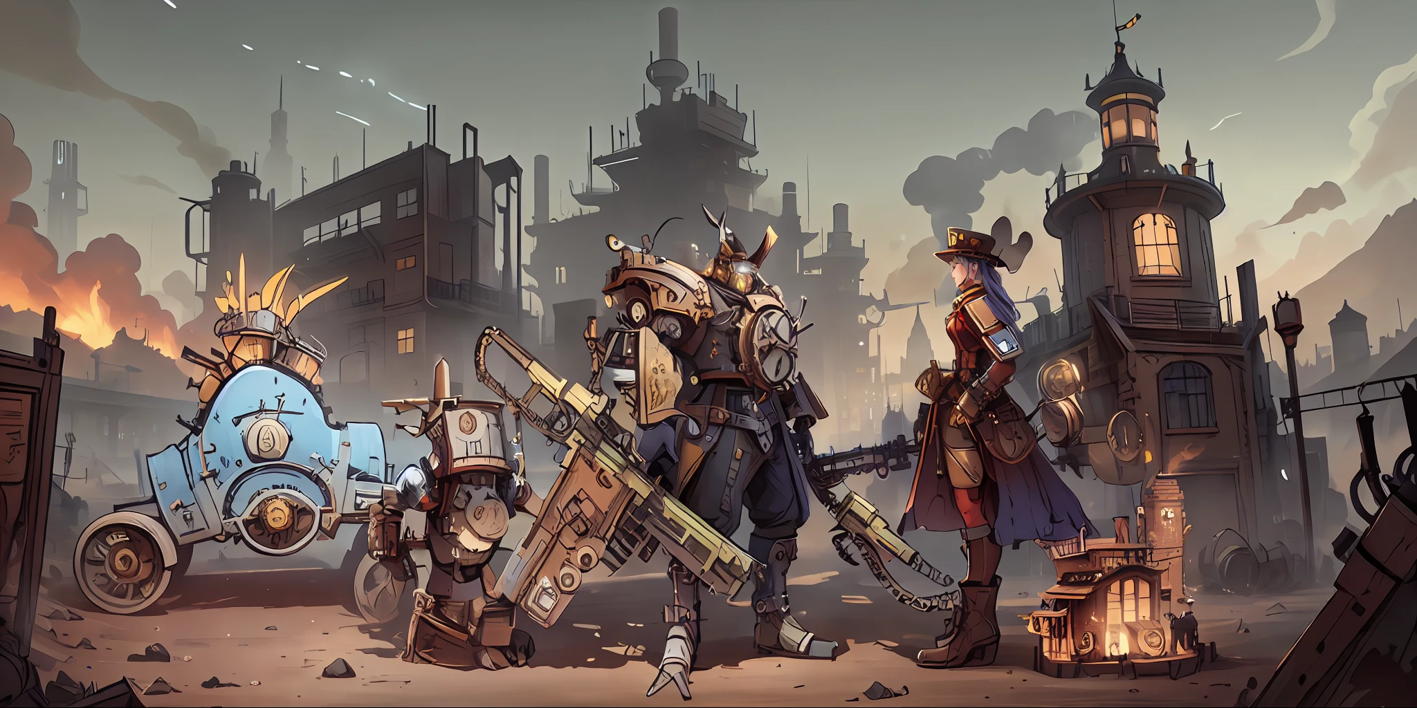 （Borderlands gameplay style：1.4），（Metallic luster is everywhere：1.5），scifi design，Metal highlights，In a large square，war scenario，In the steampunk world，Views of the steampunk cityscape，，Huge imposing steampunk tower，Very far steampunk flying machine，Steampunk City，Steampunk metal architecture，Old steampunk city，Steampunk city background，Flintlock fantasy capital，The Victorian steampunk megacity，Steampunk city in background，Steampunk war background， （Wreckage of war：1.5）