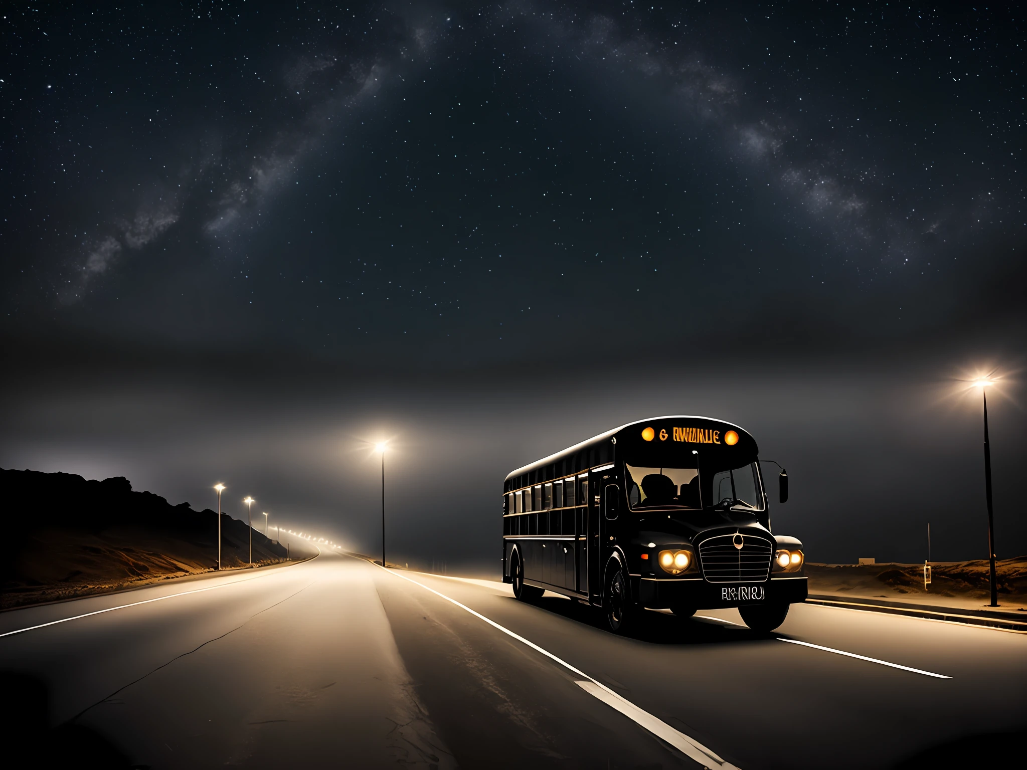 A road with an all-black creature with realistic wings in the background coming an American school bus with headlights at night starry sky mist lampposts illuminating ultra realistic of great quality well detailed intricate masterpiece photorealistic photo award-winning dark atmosphere mysterious cinematic excellent composition style Victor saves ultra hd