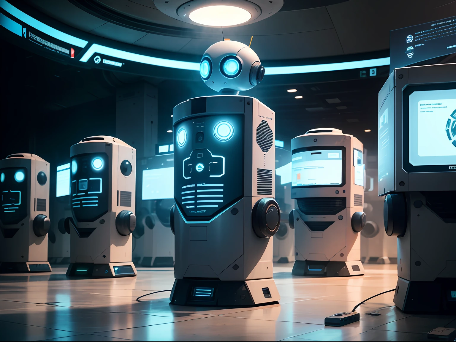An intelligent robot in the middle,Several text boxes with a sense of technology are scattered next to it,Inside it is marked,The four functions of intelligent robots are from left to right,In turn:Intelligent risk control,Invest and manage your finances,Streamline the process,Increase efficiency,The background is the data network --auto