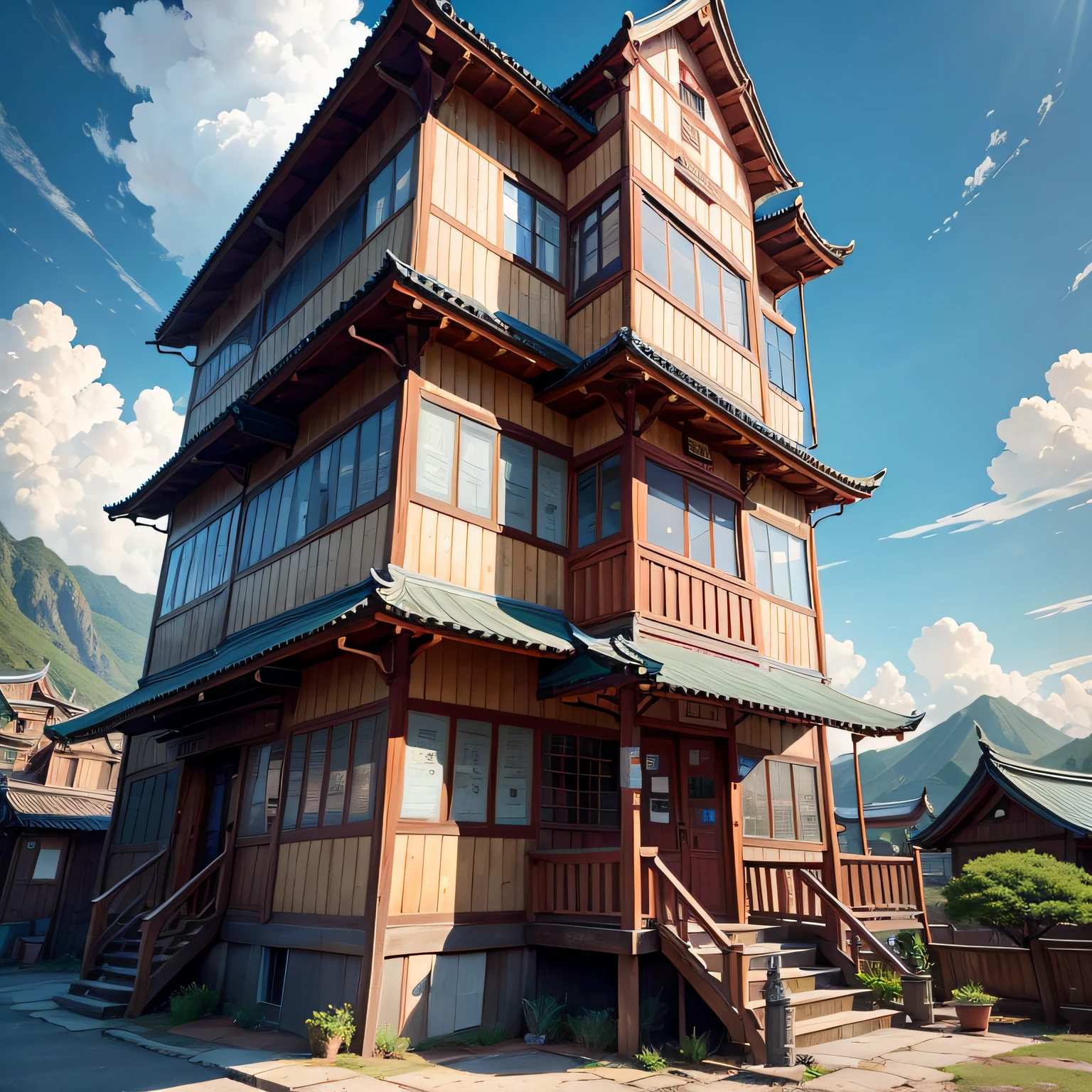 Ancient wind，Quaint，Chinese，Restaurant hostel，towering，The exterior of the entire building，wood，high rise，Located at the foot of the mountain，Individual building，with blue sky and white clouds