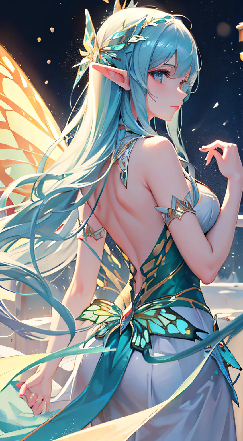 High quality, masterpiece, master masterpiece, top-level CG rendering, snow, elf girl, she has shining butterfly wings on the back, front, butterfly light, top light, side backlight, backlight, crystal clear, telephoto, large depth of field, high quality, noble and moving, beautiful and elegant.