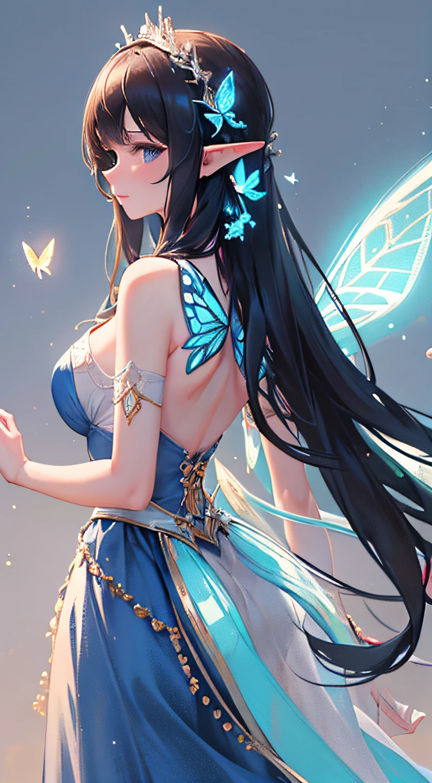 High quality, masterpiece, master masterpiece, top-level CG rendering, snow, elf girl, she has shining butterfly wings on the back, front, butterfly light, top light, side backlight, backlight, crystal clear, telephoto, large depth of field, high quality, noble and moving, beautiful and elegant.