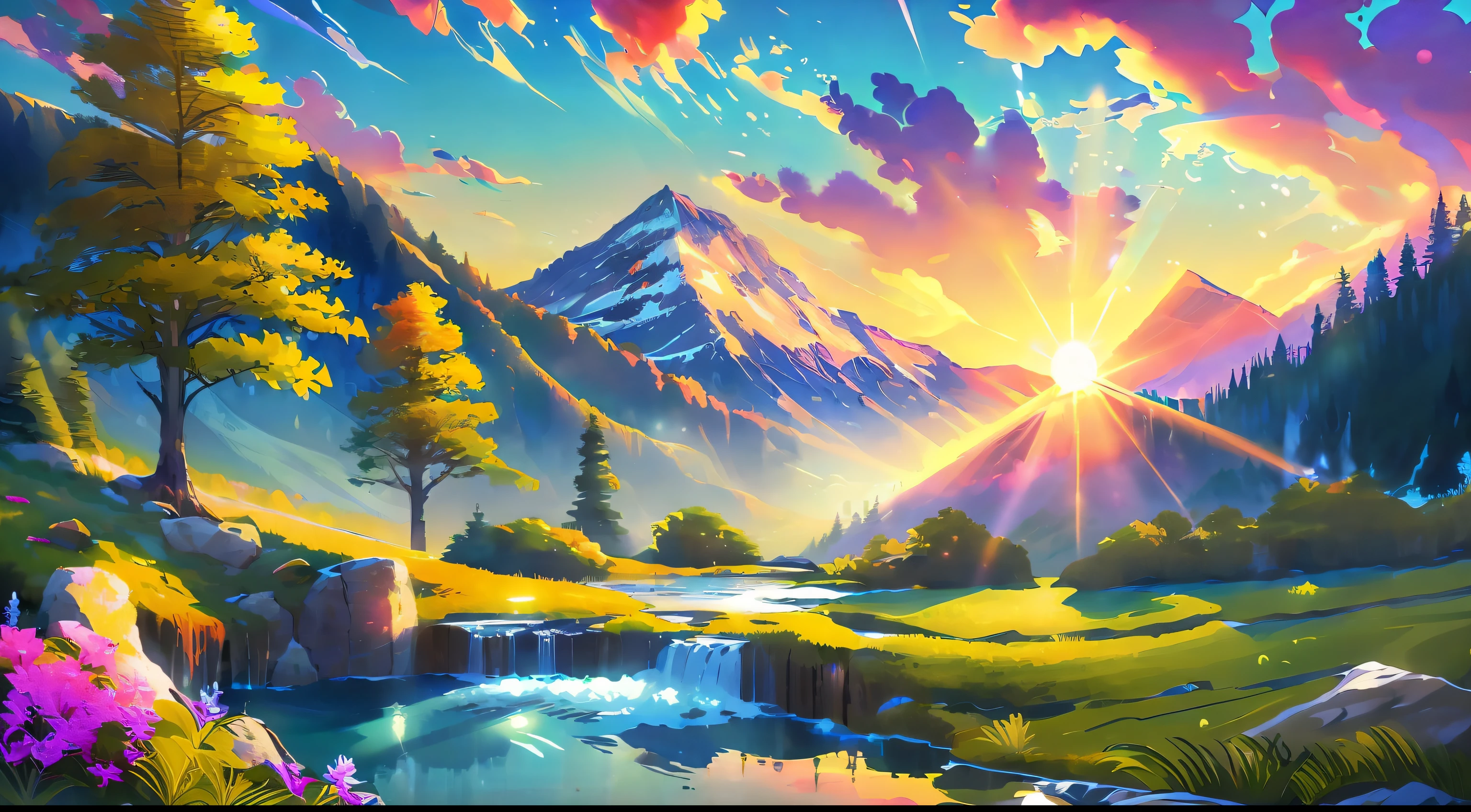 (best illumination, best shadow), scenic anime landscape, beautiful nature scenery, breathtaking view, majestic mountains, lush greenery, flowing streams and rivers, colorful flora and fauna, peaceful atmosphere, magical sunset.